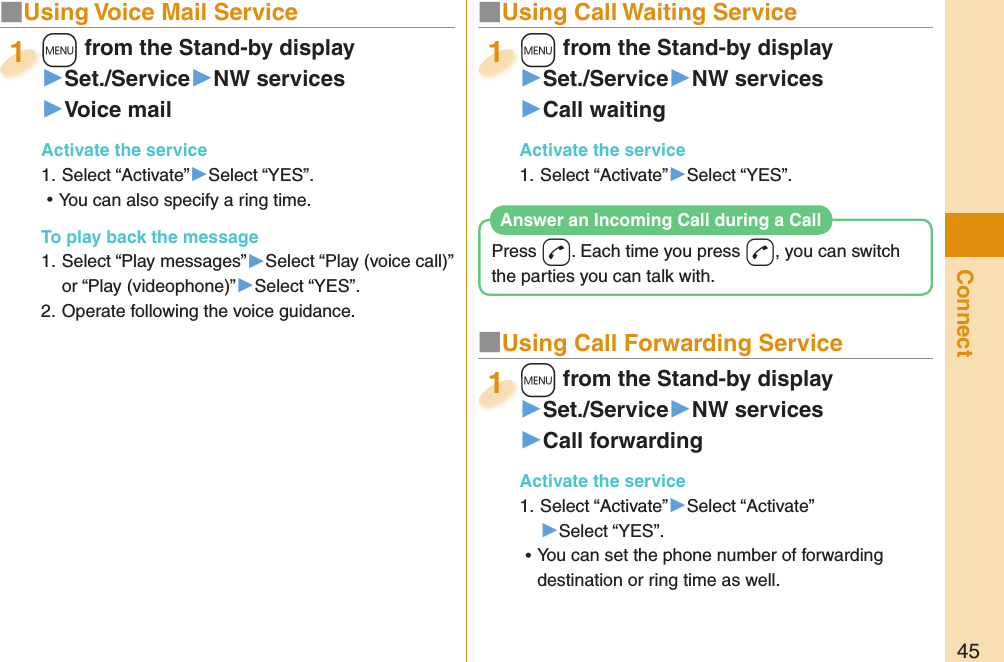 45Connect■  Using Voice Mail Service+m from the Stand-by display▶Set./Service▶NW services▶Voice mailActivate the service1. Select “Activate”▶Select “YES”. ⿠You can also specify a ring time. To play back the message1. Select “Play messages”▶Select “Play (voice call)” or “Play (videophone)”▶Select “YES”.2. Operate following the voice guidance.+m+1■ Using Call Waiting Service+m from the Stand-by display▶Set./Service▶NW services▶Call waitingActivate the service1. Select “Activate”▶Select “YES”.+m+1■ Using Call Forwarding Service+m from the Stand-by display▶Set./Service▶NW services▶Call forwardingActivate the service1. Select “Activate”▶Select “Activate”▶Select “YES”. ⿠You can set the phone number of forwarding destination or ring time as well.+m+1Press -d. Each time you press -d, you can switch the parties you can talk with.Answer an Incoming Call during a Call