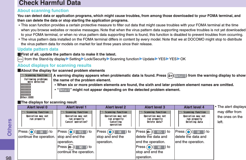 98OthersCheck Harmful Data  About scanning functionYou can detect data or application programs, which might cause troubles, from among those downloaded to your FOMA terminal, and then can delete the data or stop starting the application programs. ⿠This scan function provides a certain protective measure to ﬁ lter out data that might cause troubles with your FOMA terminal at the time when you browse websites or receive messages. Note that when the virus pattern data supporting respective troubles is not yet downloaded to your FOMA terminal, or when no virus pattern data supporting them is found, this function is disabled to prevent troubles from occurring. ⿠The virus pattern data installed on the FOMA terminal differs in content by every model. Note that we at DOCOMO might stop to distribute the virus pattern data for models on market for last three years since their release.Update pattern data First of all,  update the pattern data to make it the latest.+m from the Stand-by display▶Setting▶Lock/Security▶Scanning function▶Update▶YES▶YES▶OKAbout displays for scanning results About the display for scanned problem elementsA warning display appears when problematic data is found. Press +i() from the warning display to show the name of the problem element. ⿠When six or more problem elements are found, the sixth and later problem element names are omitted. ⿠“” might not appear depending on the detected problem element. The displays for scanning resultAlert level 0 Alert level 1 Alert level 2 Alert level 3 Alert level 4Press *Oo( ) to continue the operation.Press *Oo( ) to stop and end the operation.Press -c() to continue the operation.Press *Oo() to stop and end the operation.Press -c( ) to delete the data and end the operation.Press *Oo() to stop and end the operation.Press *Oo() to delete the data and end the operation.z ⿠The alert displays may differ from the ones on the left.