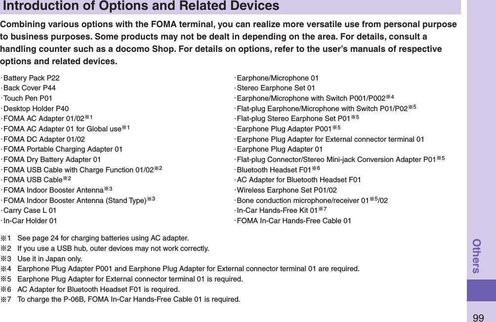 99OthersIntroduction of Options and Related DevicesCombining various options with the FOMA terminal, you can realize more versatile use from personal purpose to business purposes. Some products may not be dealt in depending on the area. For details, consult a handling counter such as a docomo Shop. For details on options, refer to the user’s manuals of respective options and related devices.・Battery Pack P22・Back Cover P44・Touch Pen P01・Desktop Holder P40・FOMA AC Adapter 01/02※1・FOMA AC Adapter 01 for Global use※1・FOMA DC Adapter 01/02・FOMA Portable Charging Adapter 01・FOMA Dry Battery Adapter 01・FOMA USB Cable with Charge Function 01/02※2・FOMA USB Cable※2・FOMA Indoor Booster Antenna※3・FOMA Indoor Booster Antenna (Stand Type)※3・Carry Case L 01・In-Car Holder 01・Earphone/Microphone 01・Stereo Earphone Set 01・Earphone/Microphone with Switch P001/P002※4・Flat-plug Earphone/Microphone with Switch P01/P02※5・Flat-plug Stereo Earphone Set P01※5・Earphone Plug Adapter P001※5・Earphone Plug Adapter for External connector terminal 01・Earphone Plug Adapter 01・Flat-plug Connector/Stereo Mini-jack Conversion Adapter P01※5・Bluetooth Headset F01※6・AC Adapter for Bluetooth Headset F01・Wireless Earphone Set P01/02・Bone conduction microphone/receiver 01※5/02・In-Car Hands-Free Kit 01※7・FOMA In-Car Hands-Free Cable 01※1  See page 24 for charging batteries using AC adapter.※2  If you use a USB hub, outer devices may not work correctly.※3  Use it in Japan only.※4  Earphone Plug Adapter P001 and Earphone Plug Adapter for External connector terminal 01 are required.※5  Earphone Plug Adapter for External connector terminal 01 is required.※6  AC Adapter for Bluetooth Headset F01 is required.※7  To charge the P-06B, FOMA In-Car Hands-Free Cable 01 is required.