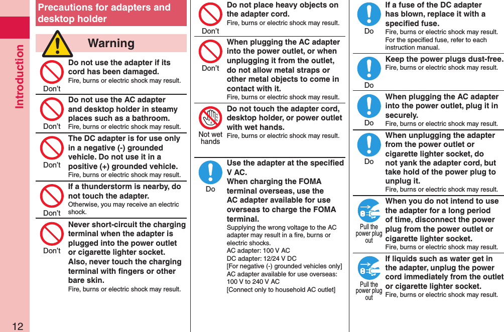 Introduction12Precautions for adapters and desktop holder  WarningDo not use the adapter if its cord has been damaged.Fire, burns or electric shock may result. Do not use the AC adapter and desktop holder in steamy places such as a bathroom.Fire, burns or electric shock may result.The DC adapter is for use only in a negative (-) grounded vehicle. Do not use it in a positive (+) grounded vehicle.Fire, burns or electric shock may result.If a thunderstorm is nearby, do not touch the adapter.Otherwise, you may receive an electric shock.Never short-circuit the charging terminal when the adapter is plugged into the power outlet or cigarette lighter socket. Also, never touch the charging terminal with ﬁngers or other bare skin.Fire, burns or electric shock may result.Do not place heavy objects on the adapter cord.Fire, burns or electric shock may result. When plugging the AC adapter into the power outlet, or when unplugging it from the outlet, do not allow metal straps or other metal objects to come in contact with it.Fire, burns or electric shock may result.Do not touch the adapter cord, desktop holder, or power outlet with wet hands.Fire, burns or electric shock may result.  Use the adapter at the speciﬁed V AC. When charging the FOMA terminal overseas, use the AC adapter available for use overseas to charge the FOMA terminal.Supplying the wrong voltage to the AC adapter may result in a ﬁre, burns or electric shocks. AC adapter: 100 V AC DC adapter: 12/24 V DC [For negative (-) grounded vehicles only] AC adapter available for use overseas: 100 V to 240 V AC [Connect only to household AC outlet]If a fuse of the DC adapter has blown, replace it with a speciﬁed fuse.Fire, burns or electric shock may result. For the speciﬁed fuse, refer to each instruction manual.Keep the power plugs dust-free.Fire, burns or electric shock may result.  When plugging the AC adapter into the power outlet, plug it in securely.Fire, burns or electric shock may result.When unplugging the adapter from the power outlet or cigarette lighter socket, do not yank the adapter cord, but take hold of the power plug to unplug it.Fire, burns or electric shock may result.When you do not intend to use the adapter for a long period of time, disconnect the power plug from the power outlet or cigarette lighter socket.Fire, burns or electric shock may result.If liquids such as water get in the adapter, unplug the power cord immediately from the outlet or cigarette lighter socket.Fire, burns or electric shock may result. Don’tDon’tDon’tDon’tDon’tDon’tDon’tNot wethandsDoDoDoDoDoPull thepower plugoutPull thepower plugout