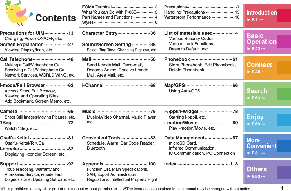 1FOMA Terminal ····································2What You can Do with P-06B ···············3Part Names and Functions ··················4Styles ···················································6Precautions ··········································7Handling Precautions ························15Waterproof Performance ···················18Introduction󱚤P.1 Precautions for UIM ··················13Charging, Power ON/OFF, etc.Screen Explanation ··················27Viewing Display/Icon, etc.Character Entry·························36Sound/Screen Setting ··············38Select Ring Tone, Changing Displays, etc.List of materials used ···············14Various Security Codes,  Various Lock Functions,  Reset to Default, etc.Basic Operation󱚤P.23 Call Telephone···························48Making a Call/Videophone Call, Receiving a Call/Videophone Call, Network Services, WORLD WING, etc.Mail ·············································56Send i-mode Mail, Deco-mail, Decome-Anime, Receive i-mode Mail, Area Mail, etc.Phonebook ································61Store Phonebook, Edit Phonebook, Delete Phonebook Connect󱚤P.48 i-mode/Full Browser ·················63Access Sites, Full Browser,  Viewing and Operating Sites, Add Bookmark, Screen Memo, etc.i-Channel ···································66 Map/GPS ····································66Using Auto-GPS Search󱚤P.63 Camera ······································69Shoot Still Images/Moving Pictures, etc.1Seg ···········································72Watch 1Seg, etc.Music ·········································76Music&amp;Video Channel, Music Player, etc.i-αppli/i-Widget ·························78Starting i-αppli, etc.i-motion/Movie ··························80Play i-motion/Movie, etc.Enjoy󱚤P.69 Osaifu-Keitai ·····························81Osaifu-Keitai/ToruCai-concier ·····································82Displaying i-concier Screen, etc.Convenient Tools ······················83Schedule, Alarm, Bar Code Reader, BluetoothData Management ·····················87microSD Card,  Infrared Communication,  iC Communication, PC ConnectionMore  Convenient󱚤P.81 Support ······································92Troubleshooting, Warranty and  After-sales Service, i-mode Fault Diagnosis Site, Updating Software, etc.Appendix ·································100Function List, Main Speciﬁcations, SAR, Export Administration Regulations, Intellectual Property RightIndex ········································113Others󱚤P.92 ※It is prohibited to copy all or part of this manual without permission.    ※The instructions contained in this manual may be changed without notice.Contents