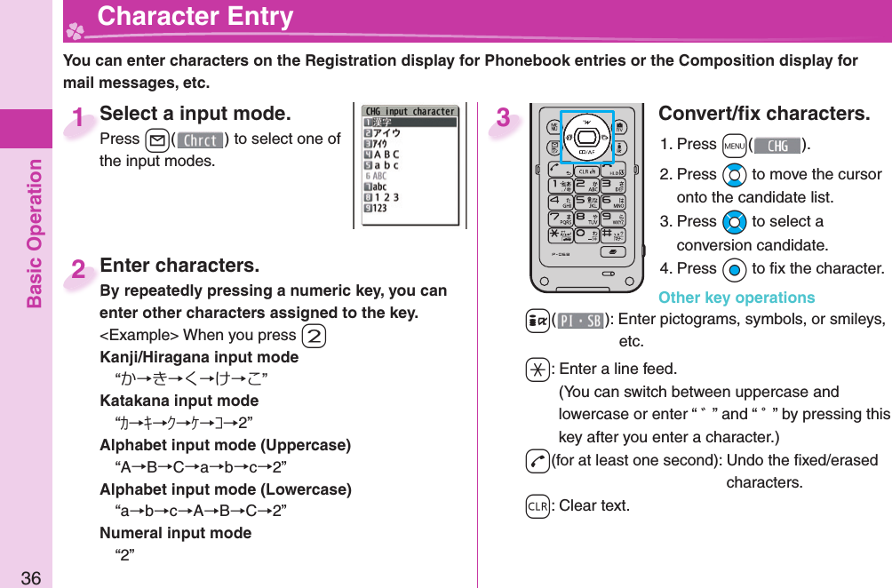 Basic Operation36  Character EntryYou can enter characters on the Registration display for Phonebook entries or the Composition display for mail messages, etc.Select a input mode.Press +l( ) to select one of the input modes.Select a input mode.Press 1Enter characters.By repeatedly pressing a numeric key, you can enter other characters assigned to the key.&lt;Example&gt; When you press -2Kanji/Hiragana input mode“か→き→く→け→こ”Katakana input mode“ｶ→ｷ→ｸ→ｹ→ｺ→2”Alphabet input mode (Uppercase)“A→B→C→a→b→c→2”Alphabet input mode (Lowercase)“a→b→c→A→B→C→2”Numeral input mode“2”Enter characters.By repeatedly pressing a numeric key, you can 2Convert/ﬁ x characters.1. Press +m( ).2. Press *Bo to move the cursor onto the candidate list.3. Press *Mo to select a conversion candidate.4. Press *Oo to ﬁ x the character.Other key operations+i(): Enter  pictograms,  symbols, or  smileys, etc.a: Enter a  line feed.(You can switch between uppercase and lowercase or enter “ ゛” and “ ゜” by pressing this key after you enter a character.)-d(for at least one second): Undo the ﬁ xed/erased characters.-r: Clear text.3