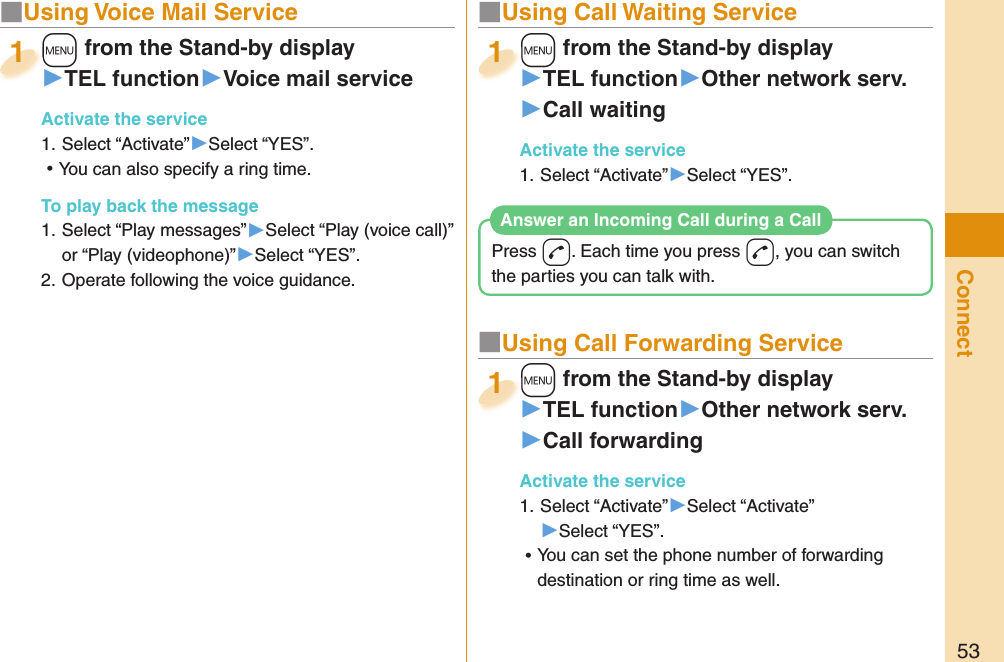 53Connect■  Using Voice Mail Service+m from the Stand-by display▶TEL function▶Voice mail serviceActivate the service1. Select “Activate”▶Select “YES”. ⿠You can also specify a ring time. To play back the message1. Select “Play messages”▶Select “Play (voice call)” or “Play (videophone)”▶Select “YES”.2. Operate following the voice guidance.+m+1■ Using Call Waiting Service+m from the Stand-by display▶TEL function▶Other network serv.▶Call waitingActivate the service1. Select “Activate”▶Select “YES”.+m+1■ Using Call Forwarding Service+m from the Stand-by display▶TEL function▶Other network serv.▶Call forwardingActivate the service1. Select “Activate”▶Select “Activate”▶Select “YES”. ⿠You can set the phone number of forwarding destination or ring time as well.+m+1Press -d. Each time you press -d, you can switch the parties you can talk with.Answer an Incoming Call during a Call