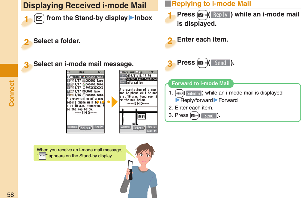 58Connect Displaying Received i-mode Mail+l from the Stand-by display▶Inbox+l+1Select a folder.Select a folder.2Select an i-mode mail message.Select an i-mode mail message.3When you receive an i-mode mail message, “” appears on the Stand-by display.Press +c( ) while an i-mode mail is displayed.Press is displayed.1■ Replying to i-mode MailEnter each item.Enter each item.2Press +c( ).Press 31. +m( ) while an i-mode mail is displayed▶Reply/forward▶Forward2. Enter each item.3. Press +c(). Forward to i-mode Mail