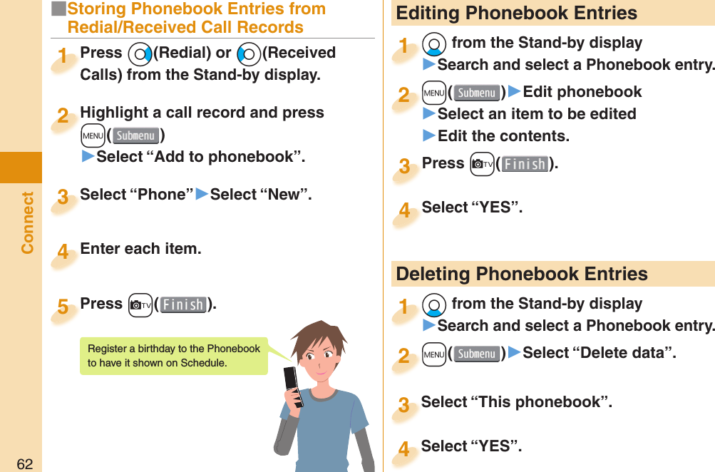 62Connect Editing Phonebook Entries*Xo from the Stand-by display󱚤Search and select a Phonebook entry.*o*1+m()󱚤Edit phonebook󱚤Select an item to be edited󱚤Edit the contents.+m+2Press +c( ).Press 3Select “YES”.Select “YES”.4 Deleting Phonebook Entries*Xo from the Stand-by display󱚤Search and select a Phonebook entry.*o*1+m()󱚤Select “Delete data”.+m+2Select “This phonebook”.Select “This phonebook”.3Select “YES”.Select “YES”.4■Storing Phonebook Entries from Redial/Received Call RecordsPress *Vo(Redial) or *Co(Received Calls) from the Stand-by display.Press Calls) from the Stand-by display.1Highlight a call record and press +m()▶Select “Add to phonebook”.Highlight a call record and press +m+2Select “Phone”▶Select “New”.Select “Phone”3Enter each item.Enter each item.4Press +c( ).Press 5Register a birthday to the Phonebook to have it shown on Schedule. 