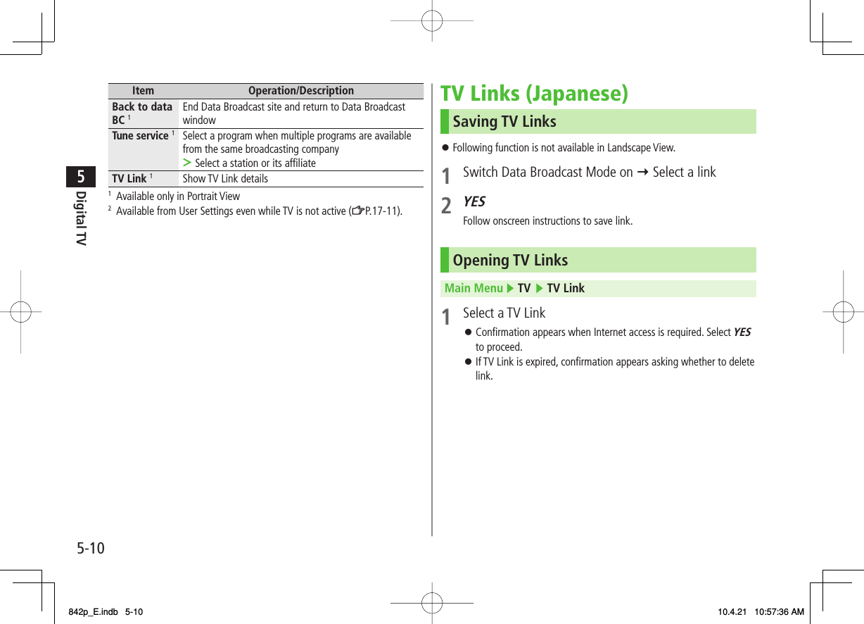 5-105Digital TVItem Operation/DescriptionBack to data BC 1End Data Broadcast site and return to Data Broadcast windowTune service 1Select a program when multiple programs are available from the same broadcasting companySelect a station or its affiliate&gt;TV Link 1Show TV Link details1  Available only in Portrait View2  Available from User Settings even while TV is not active (ZP.17-11).TV Links (Japanese)Saving TV LinksFollowing function is not available in Landscape View.1  Switch Data Broadcast Mode on Y Select a link2 YESFollow onscreen instructions to save link. Opening TV LinksMain Menu ▶ TV ▶ TV Link1  Select a TV LinkConfirmation appears when Internet access is required. Select YES to proceed.If TV Link is expired, confirmation appears asking whether to delete link.󱛠󱛠󱛠842p_E.indb   5-10842p_E.indb   5-10 10.4.21   10:57:36 AM10.4.21   10:57:36 AM