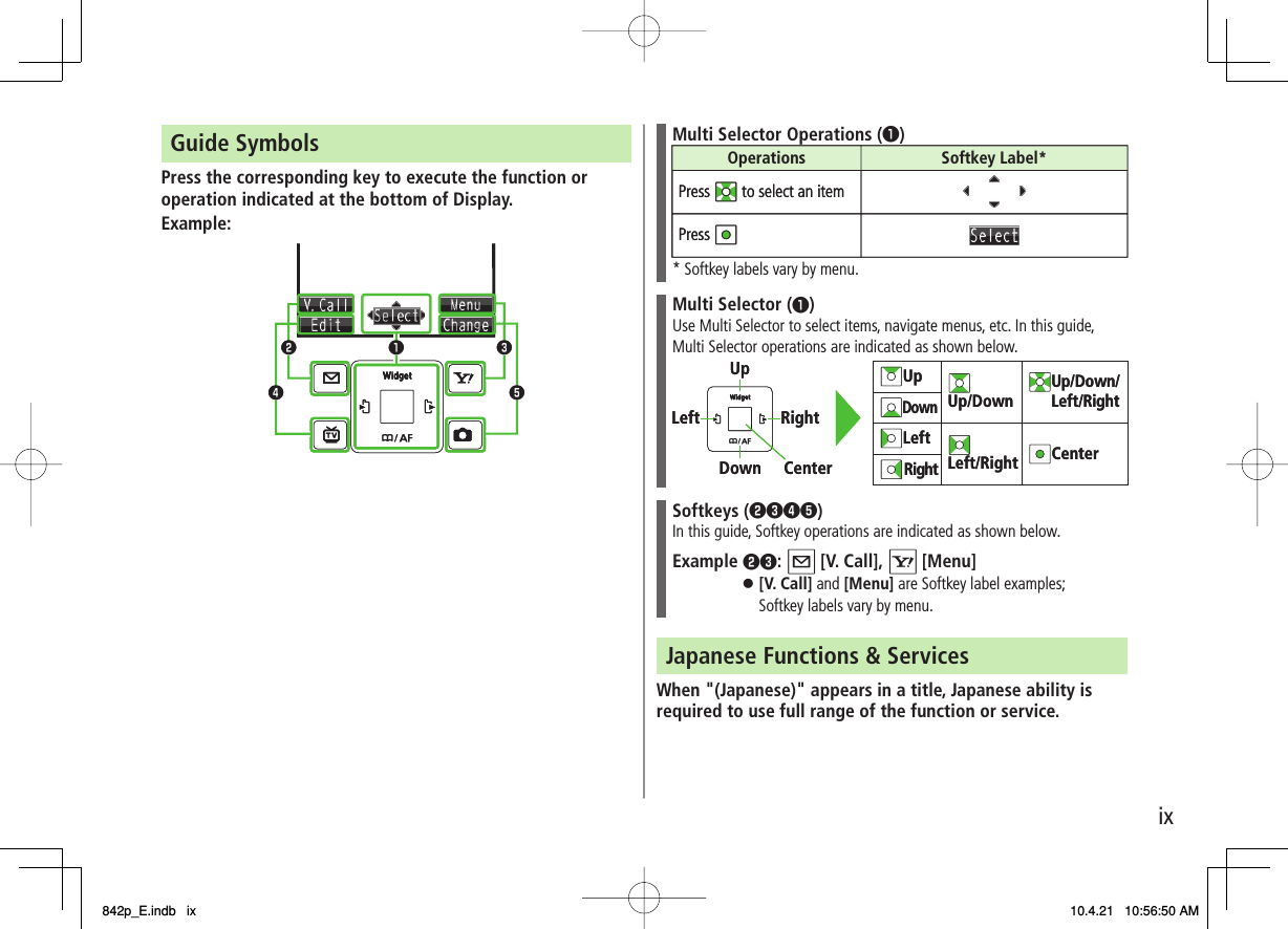 ixGuide SymbolsPress the corresponding key to execute the function or operation indicated at the bottom of Display.Example:❶❸❺❹❷❶❸❺❹❷Multi Selector Operations (❶)* Softkey labels vary by menu.Multi Selector (❶)Use Multi Selector to select items, navigate menus, etc. In this guide, Multi Selector operations are indicated as shown below.Softkeys (❷❸❹❺)In this guide, Softkey operations are indicated as shown below.Example ❷❸: Q [V. Call], R [Menu][V. Call] and [Menu] are Softkey label examples;Softkey labels vary by menu.󱛠Japanese Functions &amp; ServicesWhen &quot;(Japanese)&quot; appears in a title, Japanese ability is required to use full range of the function or service.Operations Softkey Label*Press  to select an itemPress Operations Softkey Label*Press  to select an itemPress UpUp/Down Up/Down/Left/RightDownLeftLeft/Right CenterRightLeft RightUpDown CenterUpUp/Down Up/Down/Left/RightDownLeftLeft/Right CenterRightLeft RightUpDown Center842p_E.indb   ix842p_E.indb   ix 10.4.21   10:56:50 AM10.4.21   10:56:50 AM