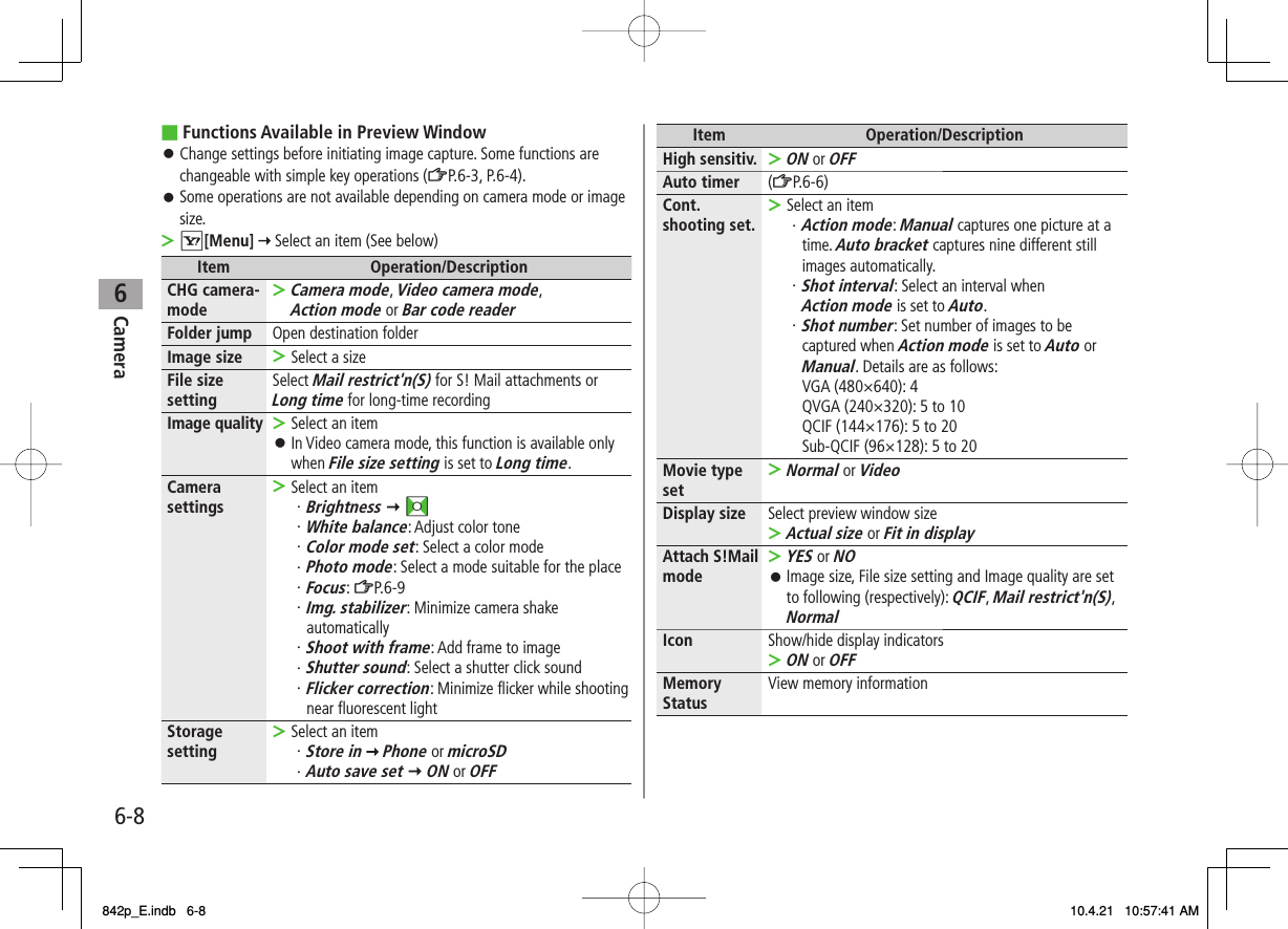 6Camera6-8Functions Available in Preview WindowChange settings before initiating image capture. Some functions are changeable with simple key operations (ZP.6-3, P.6-4).Some operations are not available depending on camera mode or image size.R[Menu]  Select an item (See below)Item Operation/DescriptionCHG camera- modeCamera mode, Video camera mode, Action mode or Bar code reader&gt;Folder jump Open destination folderImage size Select a size&gt;File size setting Select Mail restrict&apos;n(S) for S! Mail attachments or Long time for long-time recordingImage quality Select an itemIn Video camera mode, this function is available only when File size setting is set to Long time.&gt;󱛠Camera settings Select an item・ Brightness Y FI・ White balance: Adjust color tone・ Color mode set: Select a color mode・ Photo mode: Select a mode suitable for the place・ Focus: ZP.6-9・ Img. stabilizer: Minimize camera shake automatically・ Shoot with frame: Add frame to image・ Shutter sound: Select a shutter click sound・ Flicker correction: Minimize flicker while shooting near fluorescent light&gt;Storage setting Select an item・ Store in  Phone or microSD・ Auto save set Y ON or OFF&gt;■󱛠󱛠&gt;Item Operation/DescriptionHigh sensitiv.ON or OFF&gt;Auto timer (ZP.6-6)Cont. shooting set. Select an item・ Action mode: Manual captures one picture at a time. Auto bracket captures nine different still images automatically.・ Shot interval: Select an interval when Action mode is set to Auto.・ Shot number: Set number of images to be captured when Action mode is set to Auto or Manual. Details are as follows:  VGA (480×640): 4  QVGA (240×320): 5 to 10  QCIF (144×176): 5 to 20  Sub-QCIF (96×128): 5 to 20&gt;Movie type setNormal or Video&gt;Display size Select preview window sizeActual size or Fit in display&gt;Attach S!Mail modeYES or NOImage size, File size setting and Image quality are set to following (respectively): QCIF, Mail restrict&apos;n(S), Normal&gt;󱛠Icon Show/hide display indicatorsON or OFF&gt;Memory Status View memory information842p_E.indb   6-8842p_E.indb   6-8 10.4.21   10:57:41 AM10.4.21   10:57:41 AM