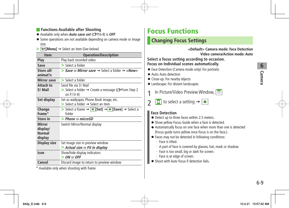 6Camera6-9Functions Available after ShootingAvailable only when Auto save set (ZP.6-8) is OFFSome operations are not available depending on camera mode or image size.R[Menu] Y Select an item (See below)Item Operation/DescriptionPlay Play back recorded videoSave Select a folder&gt;Store all/ animat&apos;nSave or Mirror save Y Select a folder Y &lt;New&gt;&gt;Mirror save Select a folder&gt;Attach to S! Mail Send file via S! MailSelect a folder Y Create a message (ZFrom Step 2 on P.13-4)&gt;Set display Set as wallpaper, Phone Book image, etc.Select a folder Y Select an item&gt;Change frame*Select a frame Y HI[Set] YHI[Save] Y Select a folder&gt;Store inPhone or microSD&gt;Mirror display/ Normal displaySwitch Mirror/Normal displayDisplay size Set image size in preview windowActual size or Fit in display&gt;Icon Show/hide display indicatorsON or OFF&gt;Cancel Discard image to return to preview window* Available only when shooting with frame■󱛠󱛠&gt;Focus FunctionsChanging Focus Settings&lt;Default&gt; Camera mode: Face DetectionVideo camera/Action mode: AutoSelect a focus setting according to occasion.Focus on Individual scenes automatically.Face Detection (Camera mode only): For portraitsAuto: Auto detectionClose-up: For nearby objectsLandscape: For distant landscapes1  In Picture/Video Preview Window, AI2 GI to select a setting Y HIFace DetectionDetect up to three faces within 2.5 meters.Show yellow Focus Guide when a face is detected.Automatically focus on one face when more than one is detected (Focus guide turns yellow once focus is on the face.).Faces may not be detected in following conditions:・ Face is tilted.・ A part of face is covered by glasses, hat, mask or shadow.・ Face is too small, big or dark for screen.・ Face is at edge of screen.Shoot with Auto focus if detection fails.󱛠󱛠󱛠󱛠󱛠󱛠󱛠󱛠󱛠842p_E.indb   6-9842p_E.indb   6-9 10.4.21   10:57:42 AM10.4.21   10:57:42 AM