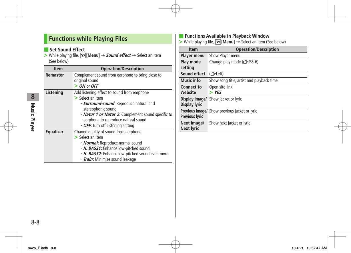 8Music Player8-8Functions while Playing FilesSet Sound EffectWhile playing file, R[Menu] Y Sound effect Y Select an item (See below)Item Operation/DescriptionRemaster Complement sound from earphone to bring close to original soundON or OFF&gt;Listening Add listening effect to sound from earphoneSelect an item・ Surround-sound: Reproduce natural and stereophonic sound・ Natur 1 or Natur 2: Complement sound specific to earphone to reproduce natural sound・ OFF: Turn off Listening setting&gt;Equalizer Change quality of sound from earphoneSelect an item・ Normal: Reproduce normal sound・ H. BASS1: Enhance low-pitched sound・ H. BASS2: Enhance low-pitched sound even more・ Train: Minimize sound leakage&gt;■&gt;Functions Available in Playback WindowWhile playing file, R[Menu] Y Select an item (See below)Item Operation/DescriptionPlayer menu Show Player menuPlay mode setting Change play mode (ZP.8-6)Sound effect (ZLeft)Music info Show song title, artist and playback timeConnect to Website Open site linkYES&gt;Display image/Display lyricShow jacket or lyricPrevious image/Previous lyricShow previous jacket or lyricNext image/Next lyric Show next jacket or lyric■&gt;842p_E.indb   8-8842p_E.indb   8-8 10.4.21   10:57:47 AM10.4.21   10:57:47 AM