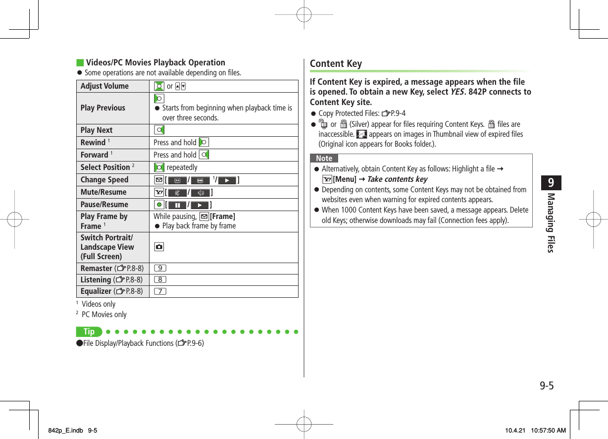 9-59Managing FilesVideos/PC Movies Playback OperationSome operations are not available depending on files.Adjust Volume GI or UVPlay PreviousCIStarts from beginning when playback time is over three seconds.󱛠Play Next DIRewind 1Press and hold CIForward 1Press and hold DISelect Position 2FI repeatedlyChange Speed Q[ /  1/ ]Mute/Resume R[ / ]Pause/Resume HI[ / ]Play Frame by Frame 1While pausing, Q[Frame]Play back frame by frame󱛠Switch Portrait/Landscape View (Full Screen)ORemaster (zZP.8-8) 9Listening (zZP.8-8) 8Equalizer (zZP.8-8) 71 Videos only2  PC Movies onlyTip●File Display/Playback Functions (ZP.9-6)■󱛠Content KeyIf Content Key is expired, a message appears when the file is opened. To obtain a new Key, select YES. 842P connects to Content Key site.Copy Protected Files: ZP.9-4 or   (Silver) appear for files requiring Content Keys.   files  are inaccessible.   appears on images in Thumbnail view of expired files (Original icon appears for Books folder.).NoteAlternatively, obtain Content Key as follows: Highlight a file Y R[Menu] Y Take contents keyDepending on contents, some Content Keys may not be obtained from websites even when warning for expired contents appears.When 1000 Content Keys have been saved, a message appears. Delete old Keys; otherwise downloads may fail (Connection fees apply).󱛠󱛠󱛠󱛠󱛠842p_E.indb   9-5842p_E.indb   9-5 10.4.21   10:57:50 AM10.4.21   10:57:50 AM