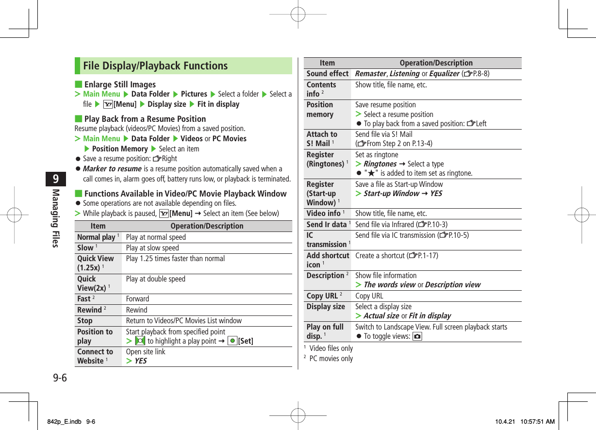 9-69Managing FilesFile Display/Playback FunctionsEnlarge Still ImagesMain Menu ▶ Data Folder ▶ Pictures ▶ Select a folder ▶ Select a file ▶ R[Menu] ▶ Display size ▶ Fit in displayPlay Back from a Resume PositionResume playback (videos/PC Movies) from a saved position.Main Menu ▶ Data Folder ▶ Videos or PC Movies ▶ Position Memory ▶ Select an itemSave a resume position: ZRightMarker to resume is a resume position automatically saved when a call comes in, alarm goes off, battery runs low, or playback is terminated.Functions Available in Video/PC Movie Playback WindowSome operations are not available depending on files.While playback is paused, R[Menu] Y Select an item (See below)Item Operation/DescriptionNormal play 1Play at normal speedSlow 1Play at slow speedQuick View (1.25x) 1Play 1.25 times faster than normalQuick View(2x) 1Play at double speedFast 2ForwardRewind 2RewindStop Return to Videos/PC Movies List windowPosition to play Start playback from specified pointFI to highlight a play point Y HI[Set]&gt;Connect to Website 1Open site linkYES&gt;■&gt;■&gt;󱛠󱛠■󱛠&gt;Item Operation/DescriptionSound effectRemaster, Listening or Equalizer (ZP.8-8)Contents info 2Show title, file name, etc.Position memory Save resume positionSelect a resume positionTo play back from a saved position: ZLeft&gt;󱛠Attach to S! Mail 1Send file via S! Mail(ZFrom Step 2 on P.13-4)Register (Ringtones) 1Set as ringtoneRingtones Y Select a type&quot;★&quot; is added to item set as ringtone.&gt;󱛠Register (Start-up Window) 1Save a file as Start-up WindowStart-up Window Y YES&gt;Video info 1Show title, file name, etc.Send Ir data 1Send file via Infrared (ZP.10-3)IC transmission 1Send file via IC transmission (ZP.10-5)Add shortcut icon 1Create a shortcut (ZP.1-17)Description 2Show file informationThe words view or Description view&gt;Copy URL 2Copy URLDisplay size Select a display sizeActual size or Fit in display&gt;Play on full disp. 1Switch to Landscape View. Full screen playback startsTo toggle views: O󱛠1  Video files only2  PC movies only842p_E.indb   9-6842p_E.indb   9-6 10.4.21   10:57:51 AM10.4.21   10:57:51 AM