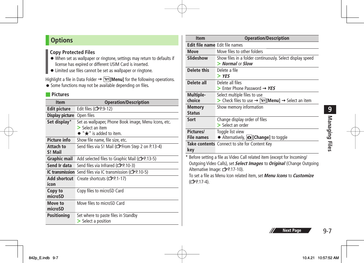 9-79Managing FilesNext PageOptionsCopy Protected FilesWhen set as wallpaper or ringtone, settings may return to defaults if license has expired or different USIM Card is inserted.Limited use files cannot be set as wallpaper or ringtone.󱛠󱛠Highlight a file in Data Folder Y R[Menu] for the following operations.Some functions may not be available depending on files.PicturesItem Operation/DescriptionEdit picture Edit files (ZP.9-12)Display pictureOpen filesSet display* Set as wallpaper, Phone Book image, Menu Icons, etc.Select an item&quot;★&quot; is added to item.&gt;󱛠Picture info Show file name, file size, etc.Attach to S! Mail Send files via S! Mail (ZFrom Step 2 on P.13-4)Graphic mail Add selected files to Graphic Mail (ZP.13-5)Send Ir data Send files via Infrared (ZP.10-3)IC transmissionSend files via IC transmission (ZP.10-5)Add shortcut icon Create shortcuts (ZP.1-17)Copy to microSD Copy files to microSD CardMove to microSD Move files to microSD CardPositioning Set where to paste files in StandbySelect a position&gt;󱛠■Item Operation/DescriptionEdit file name Edit file namesMove Move files to other foldersSlideshow Show files in a folder continuously. Select display speedNormal or Slow&gt;Delete this Delete a fileYES&gt;Delete all Delete all filesEnter Phone Password Y YES&gt;Multiple-choice Select multiple files to useCheck files to use Y R[Menu] Y Select an item&gt;Memory Status Show memory informationSort Change display order of filesSelect an order&gt;Pictures/File names Toggle list viewAlternatively, O[Change] to toggle󱛠Take contents key Connect to site for Content Key* Before setting a file as Video Call related item (except for Incoming/Outgoing Video Calls), set Select Images to Original (Change Outgoing Alternative Image: ZP.17-10).To set a file as Menu Icon related item, set Menu Icons to Customize (ZP.17-4).842p_E.indb   9-7842p_E.indb   9-7 10.4.21   10:57:52 AM10.4.21   10:57:52 AM