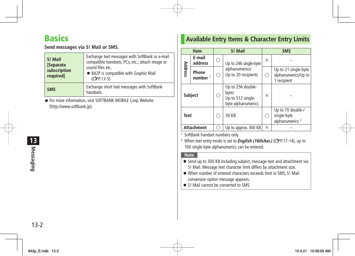 13-213MessagingBasicsSend messages via S! Mail or SMS.S! Mail [Separate subscription required]Exchange text messages with SoftBank or e-mail compatible handsets, PCs, etc.; attach image or sound files etc.842P is compatible with Graphic Mail (ZP.13-5)󱛠SMS Exchange short text messages with SoftBank handsets.For more information, visit SOFTBANK MOBILE Corp. Website (http://www.softbank.jp).󱛠Available Entry Items &amp; Character Entry LimitsItem S! Mail SMSAddressE-mail address ○Up to 246 single-byte alphanumerics/Up to 20 recipients×‒Phone number 1○○Up to 21 single-byte alphanumerics/Up to 1 recipientSubject ○Up to 256 double-byte/Up to 512 single-byte alphanumerics×‒Text ○30 KB ○Up to 70 double-/single-byte alphanumerics 2Attachment ○Up to approx. 300 KB ×‒1  SoftBank handset numbers only2  When text entry mode is set to English (160char.) (ZP.17-14), up to 160 single-byte alphanumerics can be entered.NoteSend up to 300 KB including subject, message text and attachment via S! Mail. Message text character limit differs by attachment size.When number of entered characters exceeds limit in SMS, S! Mail conversion option message appears.S! Mail cannot be converted to SMS.󱛠󱛠󱛠842p_E.indb   13-2842p_E.indb   13-2 10.4.21   10:58:09 AM10.4.21   10:58:09 AM
