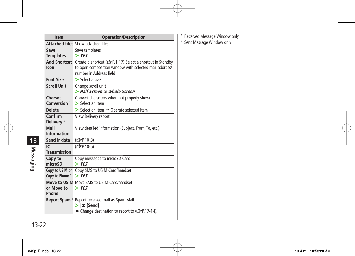 13-2213MessagingItem Operation/DescriptionAttached files Show attached filesSave Templates Save templatesYES&gt;Add Shortcut Icon Create a shortcut (ZP.1-17) Select a shortcut in Standby to open composition window with selected mail address/number in Address fieldFont Size Select a size&gt;Scroll Unit Change scroll unitHalf Screen or Whole Screen&gt;Charset Conversion 1Convert characters when not properly shownSelect an item&gt;Delete Select an item Y Operate selected item&gt;Confirm Delivery 2View Delivery reportMail Information View detailed information (Subject, From, To, etc.)Send Ir data (ZP.10-3)IC Transmission (ZP.10-5)Copy to microSD Copy messages to microSD CardYES&gt;Copy to USIM or Copy to Phone 1Copy SMS to USIM Card/handsetYES&gt;Move to USIM or Move to Phone 1Move SMS to USIM Card/handsetYES&gt;Report Spam 1Report received mail as Spam MailQ[Send]Change destination to report to (ZP.17-14).&gt;󱛠1  Received Message Window only2  Sent Message Window only842p_E.indb   13-22842p_E.indb   13-22 10.4.21   10:58:20 AM10.4.21   10:58:20 AM