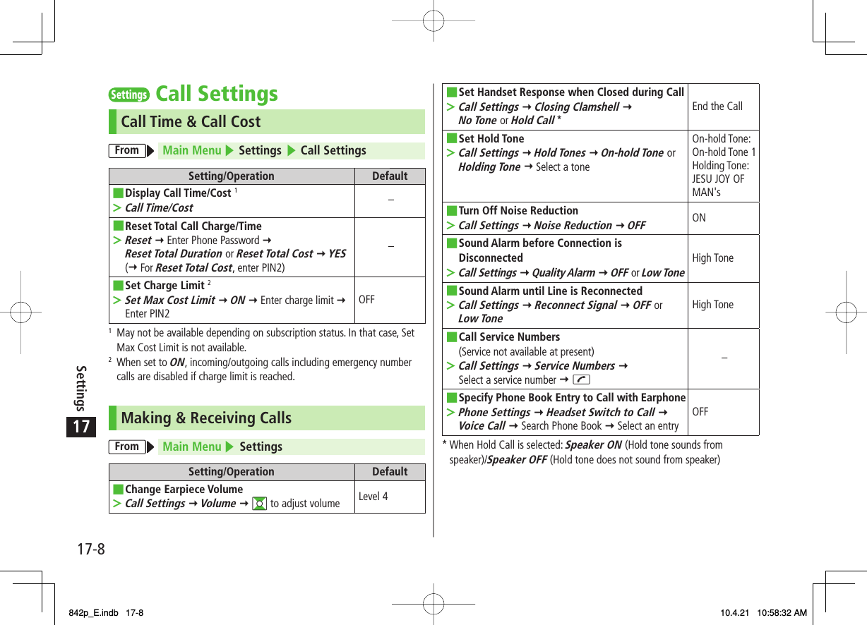 17Settings17-8Settings Call SettingsCall Time &amp; Call CostFrom Main Menu ▶ Settings ▶ Call SettingsSetting/Operation DefaultDisplay Call Time/Cost 1Call Time/Cost■&gt;−Reset Total Call Charge/TimeReset Y Enter Phone Password Y Reset Total Duration or Reset Total Cost Y YES (Y For Reset Total Cost, enter PIN2)■&gt;−Set Charge Limit 2Set Max Cost Limit Y ON Y Enter charge limit Y Enter PIN2■&gt;OFF1  May not be available depending on subscription status. In that case, Set Max Cost Limit is not available.2  When set to ON, incoming/outgoing calls including emergency number calls are disabled if charge limit is reached.Making &amp; Receiving CallsFrom Main Menu ▶ SettingsSetting/Operation DefaultChange Earpiece VolumeCall Settings Y Volume Y GI to adjust volume■&gt;Level 4Set Handset Response when Closed during CallCall Settings Y Closing Clamshell Y No Tone or Hold Call *■&gt;End the CallSet Hold ToneCall Settings Y Hold Tones Y On-hold Tone or Holding Tone Y Select a tone■&gt;On-hold Tone: On-hold Tone 1Holding Tone: JESU JOY OF MAN&apos;sTurn Off Noise ReductionCall Settings Y Noise Reduction Y OFF■&gt;ONSound Alarm before Connection is DisconnectedCall Settings Y Quality Alarm Y OFF or Low Tone■&gt;High ToneSound Alarm until Line is ReconnectedCall Settings Y Reconnect Signal Y OFF or Low Tone■&gt;High ToneCall Service Numbers(Service not available at present)Call Settings Y Service Numbers Y Select a service number Y J■&gt;−Specify Phone Book Entry to Call with EarphonePhone Settings Y Headset Switch to Call Y Voice Call Y Search Phone Book Y Select an entry■&gt;OFF*  When Hold Call is selected: Speaker ON (Hold tone sounds from speaker)/Speaker OFF (Hold tone does not sound from speaker)842p_E.indb   17-8842p_E.indb   17-8 10.4.21   10:58:32 AM10.4.21   10:58:32 AM