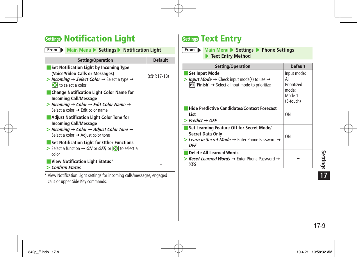 17Settings17-9Settings Notification LightFrom Main Menu ▶ Settings▶ Notification LightSetting/Operation DefaultSet Notification Light by Incoming Type (Voice/Video Calls or Messages)Incoming Y Select Color Y Select a type Y EI to select a color■&gt;(ZP.17-18)Change Notification Light Color Name for Incoming Call/MessageIncoming Y Color Y Edit Color Name Y Select a color Y Edit color name■&gt;−Adjust Notification Light Color Tone for Incoming Call/MessageIncoming Y Color Y Adjust Color Tone Y Select a color Y Adjust color tone■&gt;−Set Notification Light for Other FunctionsSelect a function Y ON or OFF, or EI to select a color■&gt;−View Notification Light Status*Confirm Status■&gt;−*  View Notification Light settings for incoming calls/messages, engaged calls or upper Side Key commands.Settings Text EntryFrom Main Menu ▶ Settings ▶ Phone Settings▶ Text Entry MethodSetting/Operation DefaultSet Input ModeInput Mode Y Check input mode(s) to use Y Q[Finish] Y Select a input mode to prioritize■&gt;Input mode: AllPrioritized mode: Mode 1 (5-touch)Hide Predictive Candidates/Context Forecast ListPredict Y OFF■&gt;ONSet Learning Feature Off for Secret Mode/Secret Data OnlyLearn in Secret Mode Y Enter Phone Password Y OFF■&gt;ONDelete All Learned WordsReset Learned Words Y Enter Phone Password Y YES■&gt;−842p_E.indb   17-9842p_E.indb   17-9 10.4.21   10:58:32 AM10.4.21   10:58:32 AM