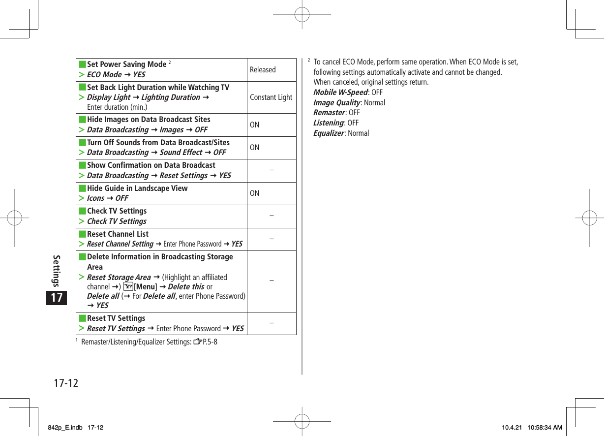 17Settings17-12Set Power Saving Mode 2ECO Mode Y YES■&gt;ReleasedSet Back Light Duration while Watching TVDisplay Light Y Lighting Duration Y Enter duration (min.)■&gt;Constant LightHide Images on Data Broadcast SitesData Broadcasting Y Images Y OFF■&gt;ONTurn Off Sounds from Data Broadcast/SitesData Broadcasting Y Sound Effect Y OFF■&gt;ONShow Confirmation on Data BroadcastData Broadcasting Y Reset Settings Y YES■&gt;−Hide Guide in Landscape ViewIcons Y OFF■&gt;ONCheck TV SettingsCheck TV Settings■&gt;−Reset Channel ListReset Channel Setting Y Enter Phone Password Y YES■&gt;−Delete Information in Broadcasting Storage AreaReset Storage Area Y (Highlight an affiliated channel Y) R[Menu] Y Delete this or Delete all (Y For Delete all, enter Phone Password) Y YES■&gt;−Reset TV SettingsReset TV Settings Y Enter Phone Password Y YES■&gt;−1 Remaster/Listening/Equalizer Settings: ZP.5-82  To cancel ECO Mode, perform same operation. When ECO Mode is set, following settings automatically activate and cannot be changed. When canceled, original settings return. Mobile W-Speed: OFF Image Quality: Normal Remaster: OFF Listening: OFF Equalizer: Normal842p_E.indb   17-12842p_E.indb   17-12 10.4.21   10:58:34 AM10.4.21   10:58:34 AM