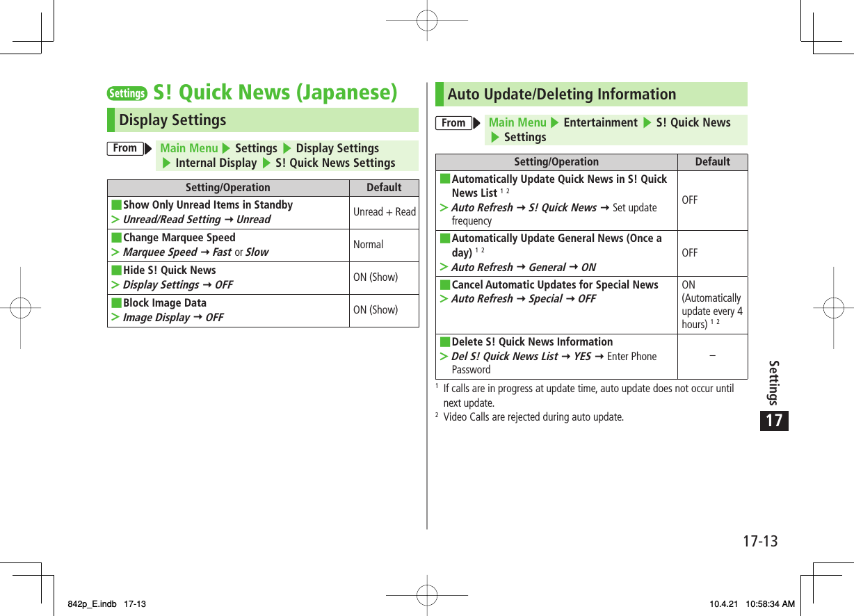 17Settings17-13Settings S! Quick News (Japanese)Display SettingsFrom Main Menu ▶ Settings ▶ Display Settings ▶ Internal Display ▶ S! Quick News SettingsSetting/Operation DefaultShow Only Unread Items in StandbyUnread/Read Setting Y Unread■&gt;Unread + ReadChange Marquee SpeedMarquee Speed Y Fast or Slow■&gt;NormalHide S! Quick NewsDisplay Settings Y OFF■&gt;ON (Show)Block Image DataImage Display Y OFF■&gt;ON (Show)Auto Update/Deleting InformationFrom Main Menu ▶ Entertainment ▶ S! Quick News ▶ SettingsSetting/Operation DefaultAutomatically Update Quick News in S! Quick News List 1 2Auto Refresh Y S! Quick News Y Set update frequency■&gt;OFFAutomatically Update General News (Once a day) 1 2Auto Refresh Y General Y ON■&gt;OFFCancel Automatic Updates for Special NewsAuto Refresh Y Special Y OFF■&gt;ON (Automatically update every 4 hours) 1 2Delete S! Quick News InformationDel S! Quick News List Y YES Y Enter Phone Password■&gt;−1  If calls are in progress at update time, auto update does not occur until next update.2  Video Calls are rejected during auto update.842p_E.indb   17-13842p_E.indb   17-13 10.4.21   10:58:34 AM10.4.21   10:58:34 AM