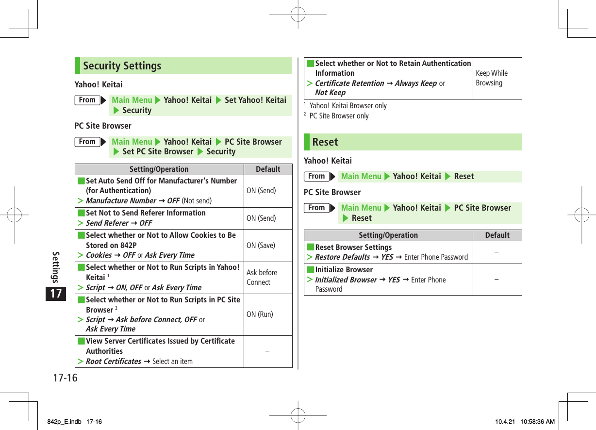17Settings17-16Security SettingsYahoo! KeitaiFrom Main Menu ▶ Yahoo! Keitai ▶ Set Yahoo! Keitai ▶ SecurityPC Site BrowserFrom Main Menu ▶ Yahoo! Keitai ▶ PC Site Browser ▶ Set PC Site Browser ▶ SecuritySetting/Operation DefaultSet Auto Send Off for Manufacturer&apos;s Number (for Authentication)Manufacture Number Y OFF (Not send)■&gt;ON (Send)Set Not to Send Referer InformationSend Referer Y OFF■&gt;ON (Send)Select whether or Not to Allow Cookies to Be Stored on 842PCookies Y OFF or Ask Every Time■&gt;ON (Save)Select whether or Not to Run Scripts in Yahoo! Keitai 1Script Y ON, OFF or Ask Every Time■&gt;Ask before ConnectSelect whether or Not to Run Scripts in PC Site Browser 2Script Y Ask before Connect, OFF or Ask Every Time■&gt;ON (Run)View Server Certificates Issued by Certificate AuthoritiesRoot Certificates Y Select an item■&gt;−Select whether or Not to Retain Authentication InformationCertificate Retention Y Always Keep or Not Keep■&gt;Keep While Browsing1  Yahoo! Keitai Browser only2  PC Site Browser onlyResetYahoo! KeitaiFrom Main Menu ▶ Yahoo! Keitai ▶ ResetPC Site BrowserFrom Main Menu ▶ Yahoo! Keitai ▶ PC Site Browser ▶ ResetSetting/Operation DefaultReset Browser SettingsRestore Defaults Y YES Y Enter Phone Password■&gt;−Initialize BrowserInitialized Browser Y YES Y Enter Phone Password■&gt;−842p_E.indb   17-16842p_E.indb   17-16 10.4.21   10:58:36 AM10.4.21   10:58:36 AM