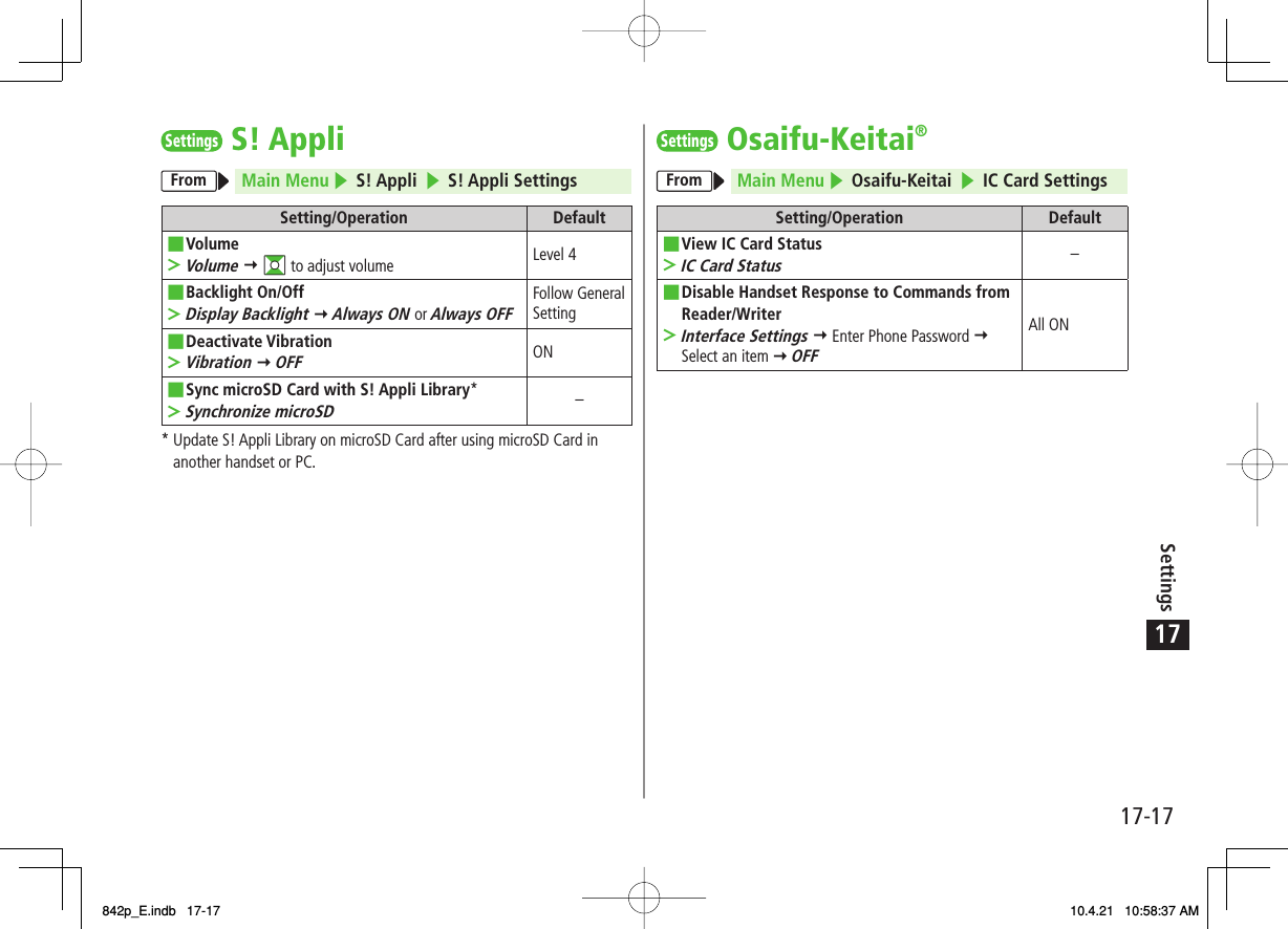 17Settings17-17Settings S! AppliFrom Main Menu ▶ S! Appli ▶ S! Appli SettingsSetting/Operation DefaultVolumeVolume Y GI to adjust volume■&gt;Level 4Backlight On/OffDisplay Backlight Y Always ON or Always OFF■&gt;Follow General SettingDeactivate VibrationVibration Y OFF■&gt;ONSync microSD Card with S! Appli Library*Synchronize microSD■&gt;−*  Update S! Appli Library on microSD Card after using microSD Card in another handset or PC.Settings Osaifu-Keitai®From Main Menu ▶ Osaifu-Keitai ▶ IC Card SettingsSetting/Operation DefaultView IC Card StatusIC Card Status■&gt;−Disable Handset Response to Commands from Reader/WriterInterface Settings Y Enter Phone Password Y Select an item Y OFF■&gt;All ON842p_E.indb   17-17842p_E.indb   17-17 10.4.21   10:58:37 AM10.4.21   10:58:37 AM