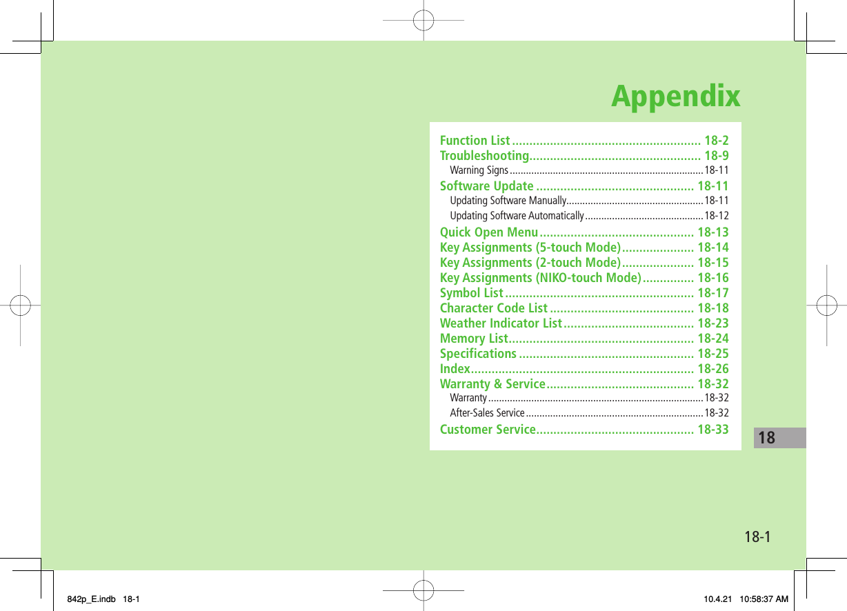 Appendix18-118Function List ....................................................... 18-2Troubleshooting .................................................. 18-9Warning Signs ........................................................................18-11Software Update .............................................. 18-11Updating Software Manually ...................................................18-11Updating Software Automatically ............................................18-12Quick Open Menu ............................................. 18-13Key Assignments (5-touch Mode) ..................... 18-14Key Assignments (2-touch Mode) ..................... 18-15Key Assignments (NIKO-touch Mode) ............... 18-16Symbol List ....................................................... 18-17Character Code List .......................................... 18-18Weather Indicator List ...................................... 18-23Memory List ...................................................... 18-24Specifications ................................................... 18-25Index ................................................................. 18-26Warranty &amp; Service ........................................... 18-32Warranty ................................................................................18-32After-Sales Service ..................................................................18-32Customer Service.............................................. 18-33842p_E.indb   18-1842p_E.indb   18-1 10.4.21   10:58:37 AM10.4.21   10:58:37 AM