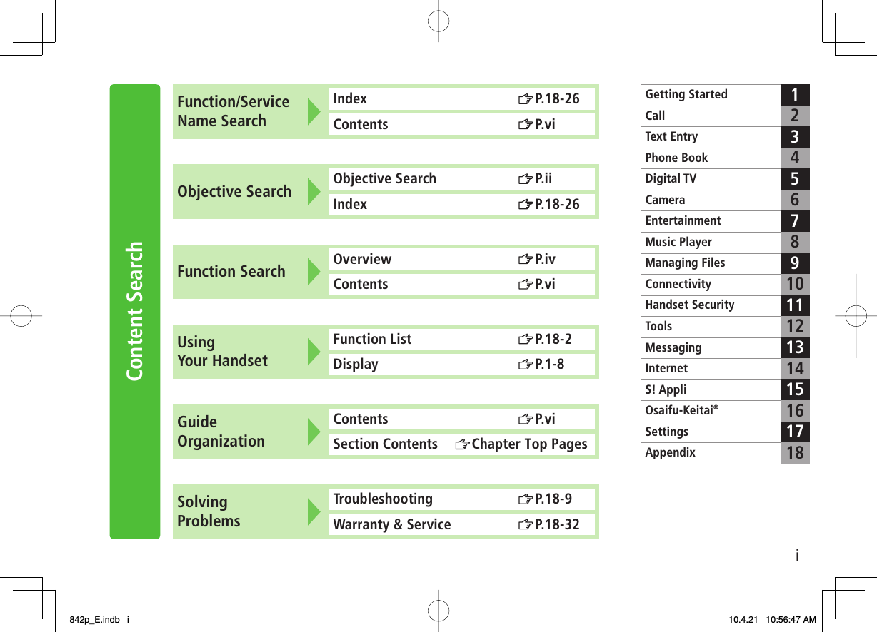 iContent SearchIndex P.18-26Contents P.viObjective Search Objective Search P.iiIndex P.18-26Function Search Overview P.ivContents P.viFunction List  P.18-2Display P.1-8Contents P.viSection Contents  Chapter Top PagesTroubleshooting P.18-9Warranty &amp; Service  P.18-32Getting StartedCall12Text EntryPhone Book34Digital TV 56CameraEntertainment 78Music PlayerManaging Files 910ConnectivityHandset Security 1112ToolsMessaging 1314InternetS! Appli 1516Osaifu-Keitai®1718SettingsAppendixFunction/ServiceName SearchUsingYour HandsetGuideOrganizationSolvingProblems842p_E.indb   i842p_E.indb   i 10.4.21   10:56:47 AM10.4.21   10:56:47 AM