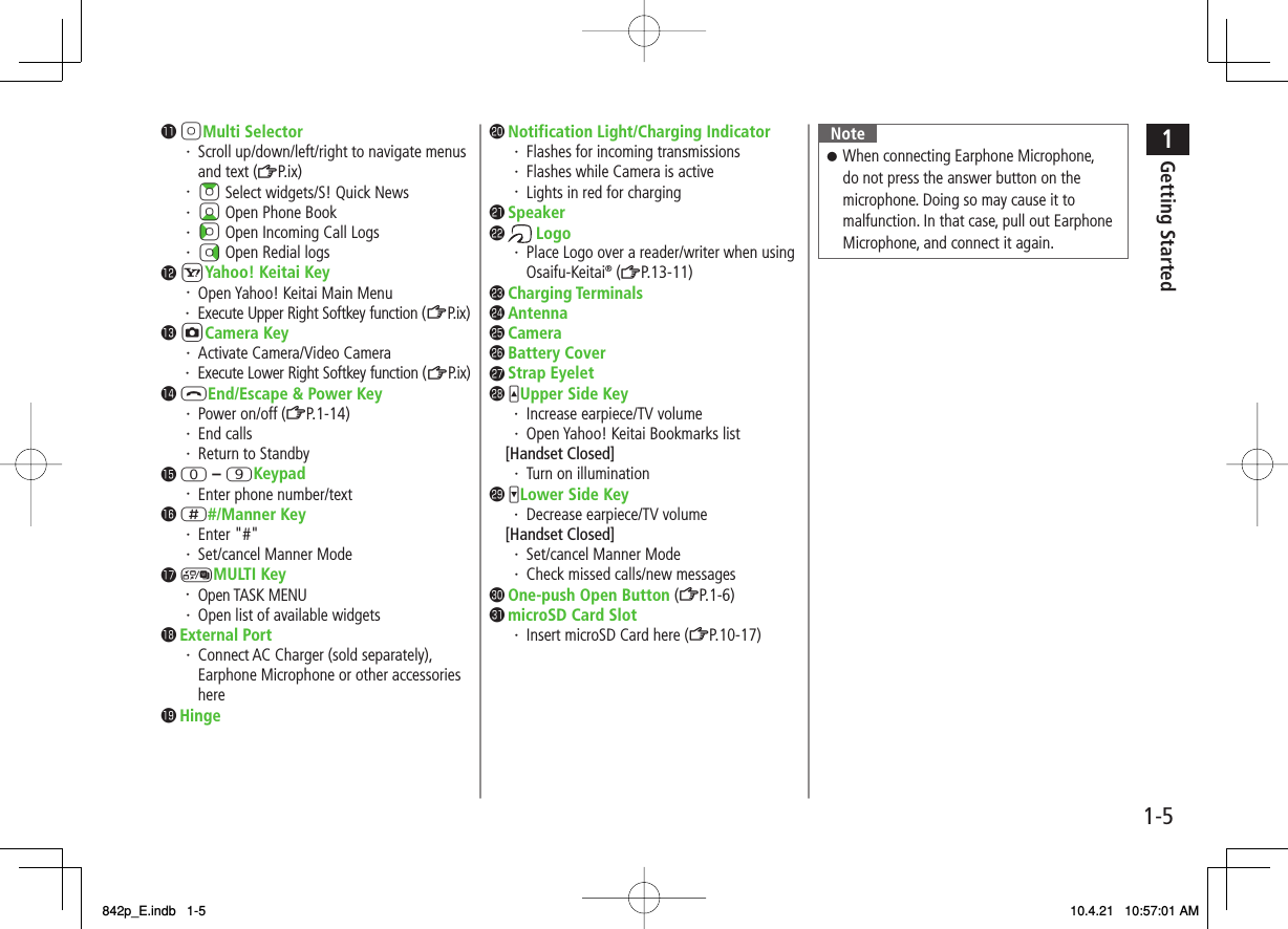 1-51Getting Started󱀔 IMulti Selector・ Scroll up/down/left/right to navigate menus and text (ZP.ix)・ AI Select widgets/S! Quick News・ BI Open Phone Book・ CI Open Incoming Call Logs・ DI Open Redial logs󱀕 RYahoo! Keitai Key・ Open Yahoo! Keitai Main Menu・ Execute Upper Right Softkey function (ZP.ix)󱀖 OCamera Key・ Activate Camera/Video Camera・ Execute Lower Right Softkey function (ZP. ix)󱀗 KEnd/Escape &amp; Power Key・ Power on/off (ZP.1-14)・ End  calls・ Return to Standby󱀘 0 − 9Keypad・ Enter phone number/text󱀙 ;#/Manner Key・ Enter  &quot;#&quot;・ Set/cancel Manner Mode󱀚 MMULTI Key・ Open TASK MENU・ Open list of available widgets󱀛 External Port・ Connect AC Charger (sold separately), Earphone Microphone or other accessories here󱀜 Hinge󱀝 Notification Light/Charging Indicator・ Flashes for incoming transmissions・ Flashes while Camera is active・ Lights in red for charging󱀞 Speaker󱀟  Logo・ Place Logo over a reader/writer when using Osaifu-Keitai® (ZP.13-11)󱀠 Charging Terminals󱀡 Antenna󱀢 Camera󱀣 Battery Cover󱀤 Strap Eyelet󱀥 UUpper Side Key・ Increase earpiece/TV volume・ Open Yahoo! Keitai Bookmarks list [Handset Closed]・ Turn on illumination󱀦 VLower Side Key・ Decrease earpiece/TV volume [Handset Closed]・ Set/cancel Manner Mode・ Check missed calls/new messages󱀧 One-push Open Button (ZP.1-6)󱀨 microSD Card Slot・ Insert microSD Card here (ZP.10-17)NoteWhen connecting Earphone Microphone, do not press the answer button on the microphone. Doing so may cause it to malfunction. In that case, pull out Earphone Microphone, and connect it again.󱛠842p_E.indb   1-5842p_E.indb   1-5 10.4.21   10:57:01 AM10.4.21   10:57:01 AM