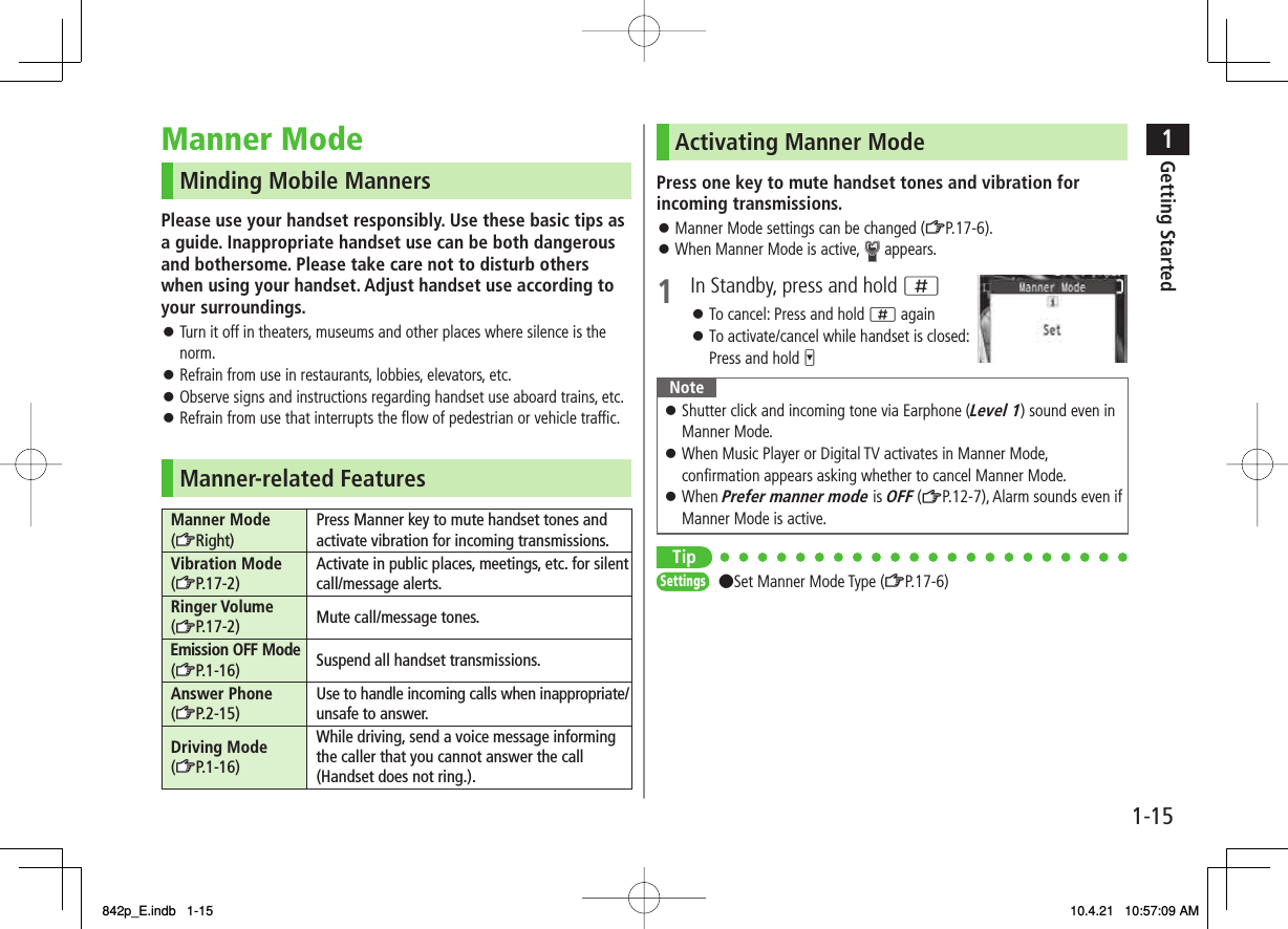 1-151Getting StartedManner ModeMinding Mobile MannersPlease use your handset responsibly. Use these basic tips as a guide. Inappropriate handset use can be both dangerous and bothersome. Please take care not to disturb others when using your handset. Adjust handset use according to your surroundings.Turn it off in theaters, museums and other places where silence is the norm.Refrain from use in restaurants, lobbies, elevators, etc.Observe signs and instructions regarding handset use aboard trains, etc.Refrain from use that interrupts the flow of pedestrian or vehicle traffic.Manner-related FeaturesManner Mode (zZRight)Press Manner key to mute handset tones and activate vibration for incoming transmissions.Vibration Mode (zZP.17-2)Activate in public places, meetings, etc. for silent call/message alerts.Ringer Volume (zZP.17-2) Mute call/message tones.Emission OFF Mode(zZP.1-16) Suspend all handset transmissions.Answer Phone (zZP.2-15)Use to handle incoming calls when inappropriate/ unsafe to answer.Driving Mode (zZP.1-16)While driving, send a voice message informing the caller that you cannot answer the call (Handset does not ring.).󱛠󱛠󱛠󱛠Activating Manner ModePress one key to mute handset tones and vibration for incoming transmissions.Manner Mode settings can be changed (ZP.17-6).When Manner Mode is active,   appears.1  In Standby, press and hold ;To cancel: Press and hold ; againTo activate/cancel while handset is closed: Press and hold VNoteShutter click and incoming tone via Earphone (Level 1) sound even in Manner Mode.When Music Player or Digital TV activates in Manner Mode, confirmation appears asking whether to cancel Manner Mode.When Prefer manner mode is OFF (ZP.12-7), Alarm sounds even if Manner Mode is active.󱛠󱛠󱛠Tip●Set Manner Mode Type (ZP.17-6)󱛠󱛠󱛠󱛠SettingsSettings842p_E.indb   1-15842p_E.indb   1-15 10.4.21   10:57:09 AM10.4.21   10:57:09 AM