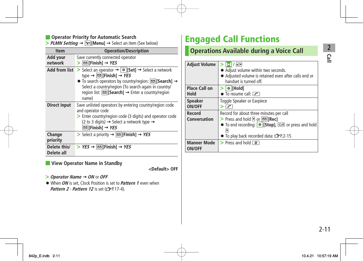 2Call2-11Operator Priority for Automatic SearchPLMN Setting Y R[Menu] Y Select an item (See below)Item Operation/DescriptionAdd your network Save currently connected operatorQ[Finish] Y YES&gt;Add from list Select an operator Y HI[Set] Y Select a network type Y Q[Finish] Y YESTo search operators by country/region: Q[Search] Y  Select a country/region (To search again in country/ region list: Q[Search] Y Enter a country/region name)&gt;󱛠Direct input Save unlisted operators by entering country/region code and operator codeEnter country/region code (3 digits) and operator code (2 to 3 digits) Y Select a network type Y Q[Finish] Y YES&gt;Change priority Select a priority Y Q[Finish] Y YES&gt;Delete this/ Delete allYES Y Q[Finish] Y YES&gt;View Operator Name in Standby&lt;Default&gt; OFFOperator Name Y ON or OFFWhen ON is set, Clock Position is set to Pattern 1 even when Pattern 2 - Pattern 12 is set (ZP.17-4).■&gt;■&gt;󱛠Engaged Call FunctionsOperations Available during a Voice CallAdjust Volume GI / UVAdjust volume within two seconds.Adjusted volume is retained even after calls end or handset is turned off.&gt;󱛠󱛠Place Call on HoldHI[Hold]To resume call: J&gt;󱛠Speaker ON/OFF Toggle Speaker or EarpieceJ&gt;Record Conversation Record for about three minutes per callPress and hold V or Q[Rec]To end recording: HI[Stop], L or press and hold VTo play back recorded data: ZP.2-15&gt;󱛠󱛠Manner Mode ON/OFF Press and hold ;&gt;842p_E.indb   2-11842p_E.indb   2-11 10.4.21   10:57:19 AM10.4.21   10:57:19 AM