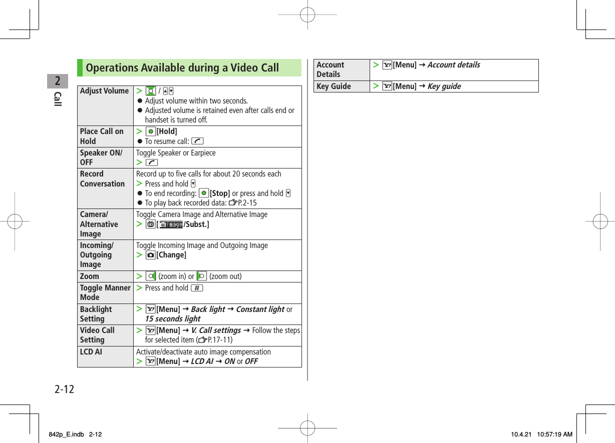 2Call2-12Operations Available during a Video CallAdjust Volume GI / UVAdjust volume within two seconds.Adjusted volume is retained even after calls end or handset is turned off.&gt;󱛠󱛠Place Call on HoldHI[Hold]To resume call: J&gt;󱛠Speaker ON/ OFF Toggle Speaker or EarpieceJ&gt;Record Conversation Record up to five calls for about 20 seconds eachPress and hold VTo end recording: HI[Stop] or press and hold VTo play back recorded data: ZP.2-15&gt;󱛠󱛠Camera/ Alternative ImageToggle Camera Image and Alternative ImageP[ /Subst.]&gt;Incoming/ Outgoing ImageToggle Incoming Image and Outgoing ImageO[Change]&gt;Zoom DI (zoom in) or CI (zoom out)&gt;Toggle Manner Mode Press and hold ;&gt;Backlight SettingR[Menu] Y Back light Y Constant light or 15 seconds light&gt;Video Call SettingR[Menu] Y V. Call settings Y Follow the steps for selected item (ZP.17-11)&gt;LCD AI Activate/deactivate auto image compensationR[Menu] Y LCD AI Y ON or OFF&gt;Account DetailsR[Menu] Y Account details&gt;Key Guide R[Menu] Y Key guide&gt;842p_E.indb   2-12842p_E.indb   2-12 10.4.21   10:57:19 AM10.4.21   10:57:19 AM