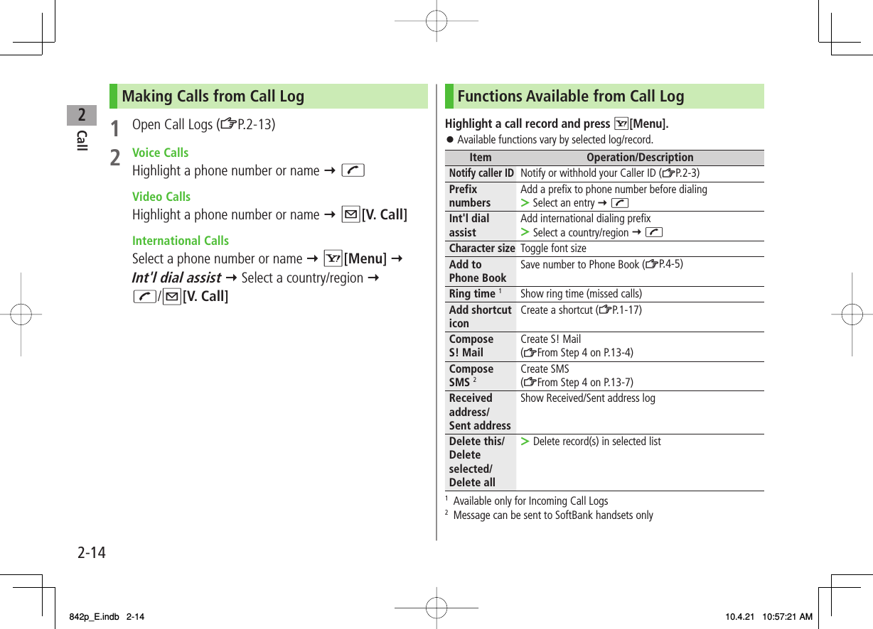 2Call2-14Making Calls from Call Log1  Open Call Logs (ZP.2-13) 2 Voice CallsHighlight a phone number or name Y J Video CallsHighlight a phone number or name Y Q[V. Call] International Calls  Select a phone number or name Y R[Menu] Y Int&apos;l dial assist Y Select a country/region Y J/Q[V. Call]Functions Available from Call LogHighlight a call record and press R[Menu].Available functions vary by selected log/record.Item Operation/DescriptionNotify caller IDNotify or withhold your Caller ID (ZP.2-3)Prefix numbers Add a prefix to phone number before dialingSelect an entry Y J&gt;Int&apos;l dial assist Add international dialing prefixSelect a country/region Y J&gt;Character size Toggle font sizeAdd to Phone Book Save number to Phone Book (ZP.4-5)Ring time 1Show ring time (missed calls)Add shortcut icon Create a shortcut (ZP.1-17)Compose S! Mail Create S! Mail(ZFrom Step 4 on P.13-4)Compose SMS 2Create SMS(ZFrom Step 4 on P.13-7)Received address/Sent addressShow Received/Sent address logDelete this/ Delete selected/ Delete allDelete record(s) in selected list&gt;1  Available only for Incoming Call Logs2  Message can be sent to SoftBank handsets only󱛠842p_E.indb   2-14842p_E.indb   2-14 10.4.21   10:57:21 AM10.4.21   10:57:21 AM