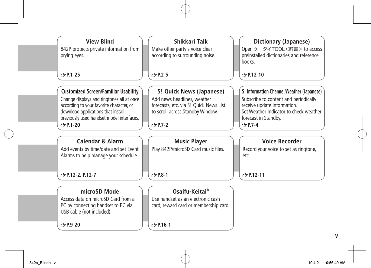 vShikkari TalkP.2-5Dictionary (Japanese)P.12-10Customized Screen/Familiar Usabilityvorite character, orP.1-20Calendar &amp; AlarmAdd events by time/date and set Event Alarms to help manage your schedule.P.12-2, P.12-7S! Quick News (Japanese)P.7-2Music PlayerPlay 842P/microSD Card music ﬁles.P.8-1S! Information Channel/Weather (Japanese)P.7-4microSD ModeP.9-20Voice RecorderOsaifu-Keitai®P.16-1View BlindP.1-25P.12-11Make other party&apos;s voice clear according to surrounding noise. Open ケータイTOOL＜辞書＞ to accesspreinstalled dictionaries and reference books.Change displays and ringtones all at onceaccording to your fadownload applications that installpreviously used handset model interfaces.Add news headlines, weather forecasts, etc. via S! Quick News List to scroll across Standby Window.Subscribe to content and periodically receive update information.Set Weather Indicator to check weather forecast in Standby.Access data on microSD Card from a PC by connecting handset to PC via USB cable (not included).Record your voice to set as ringtone,etc.Use handset as an electronic cash card, reward card or membership card.842P protects private information from prying eyes.842p_E.indb   v842p_E.indb   v 10.4.21   10:56:49 AM10.4.21   10:56:49 AM