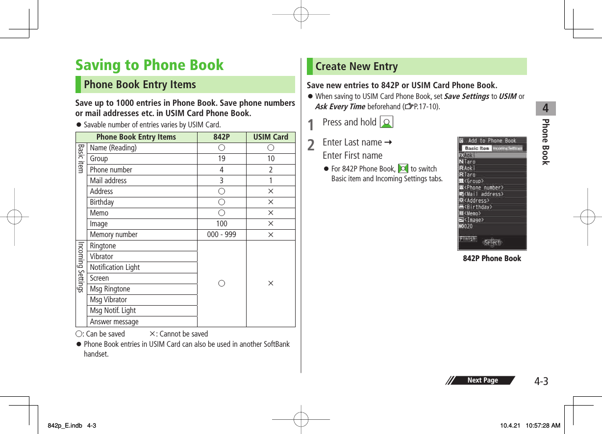 4Phone Book4-3Next PageSaving to Phone BookPhone Book Entry ItemsSave up to 1000 entries in Phone Book. Save phone numbers or mail addresses etc. in USIM Card Phone Book.Savable number of entries varies by USIM Card.Phone Book Entry Items 842P USIM CardBasic itemName (Reading) ○○Group 19 10Phone number 4 2Mail address 3 1Address ○×Birthday ○×Memo ○×Image 100 ×Memory number 000 - 999 ×Incoming SettingsRingtone○×VibratorNotification LightScreenMsg RingtoneMsg VibratorMsg Notif. LightAnswer message○: Can be saved  ×: Cannot be savedPhone Book entries in USIM Card can also be used in another SoftBank handset.󱛠󱛠Create New EntrySave new entries to 842P or USIM Card Phone Book.When saving to USIM Card Phone Book, set Save Settings to USIM or Ask Every Time beforehand (ZP.17-10).1  Press and hold BI2  Enter Last name   Enter First nameFor 842P Phone Book, FI to switch Basic item and Incoming Settings tabs.󱛠󱛠842P Phone Book842P Phone Book842p_E.indb   4-3842p_E.indb   4-3 10.4.21   10:57:28 AM10.4.21   10:57:28 AM