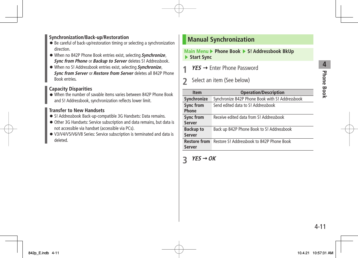 4Phone Book4-11Synchronization/Back-up/RestorationBe careful of back-up/restoration timing or selecting a synchronization direction.When no 842P Phone Book entries exist, selecting Synchronize, Sync from Phone or Backup to Server deletes S! Addressbook.When no S! Addressbook entries exist, selecting Synchronize, Sync from Server or Restore from Server deletes all 842P Phone Book entries.󱛠󱛠󱛠Capacity DisparitiesWhen the number of savable items varies between 842P Phone Book and S! Addressbook, synchronization reflects lower limit.󱛠Transfer to New HandsetsS! Addressbook Back-up-compatible 3G Handsets: Data remains.Other 3G Handsets: Service subscription and data remains, but data is not accessible via handset (accessible via PCs).V3/V4/V5/V6/V8 Series: Service subscription is terminated and data is deleted.󱛠󱛠󱛠Manual SynchronizationMain Menu ▶ Phone Book ▶ S! Addressbook BkUp ▶ Start Sync1 YES Y Enter Phone Password2  Select an item (See below)Item Operation/DescriptionSynchronize Synchronize 842P Phone Book with S! AddressbookSync from Phone Send edited data to S! AddressbookSync from Server Receive edited data from S! AddressbookBackup to Server Back up 842P Phone Book to S! AddressbookRestore from Server Restore S! Addressbook to 842P Phone Book3 YES   OK 842p_E.indb   4-11842p_E.indb   4-11 10.4.21   10:57:31 AM10.4.21   10:57:31 AM