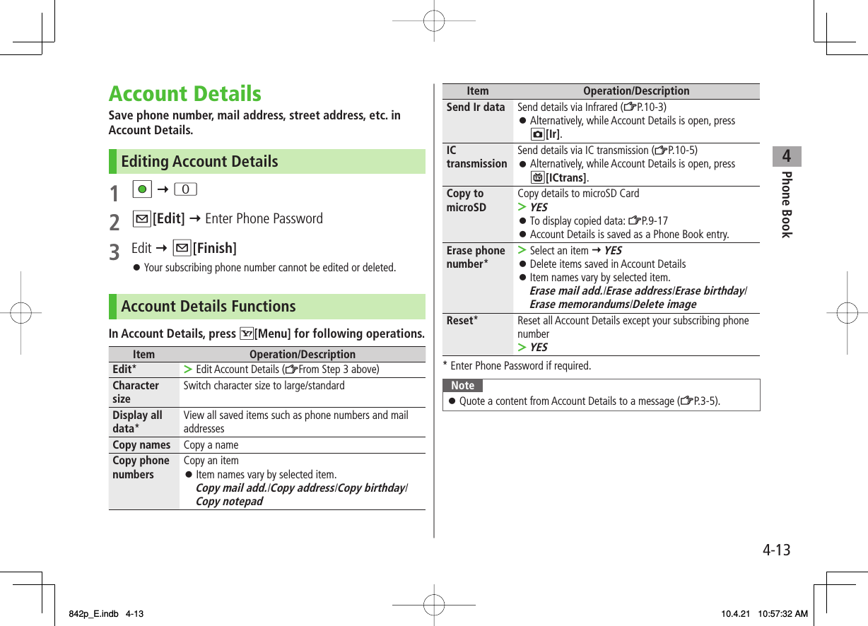 4Phone Book4-13Account DetailsSave phone number, mail address, street address, etc. in Account Details.Editing Account Details1 HI Y 02 Q[Edit] Y Enter Phone Password3 Edit Y Q[Finish]Your subscribing phone number cannot be edited or deleted.Account Details FunctionsIn Account Details, press R[Menu] for following operations.Item Operation/DescriptionEdit* Edit Account Details (ZFrom Step 3 above)&gt;Character size Switch character size to large/standardDisplay all data*View all saved items such as phone numbers and mail addressesCopy names Copy a nameCopy phone numbers Copy an itemItem names vary by selected item.Copy mail add./Copy address/Copy birthday/ Copy notepad󱛠󱛠Item Operation/DescriptionSend Ir data Send details via Infrared (ZP.10-3)Alternatively, while Account Details is open, press O[Ir].󱛠IC transmission Send details via IC transmission (ZP.10-5)Alternatively, while Account Details is open, press P[ICtrans].󱛠Copy to microSD Copy details to microSD CardYES To display copied data: ZP.9-17Account Details is saved as a Phone Book entry.&gt;󱛠󱛠Erase phone number*Select an item Y YESDelete items saved in Account DetailsItem names vary by selected item.Erase mail add./Erase address/Erase birthday/ Erase memorandums/Delete image&gt;󱛠󱛠Reset* Reset all Account Details except your subscribing phone numberYES&gt;* Enter Phone Password if required.NoteQuote a content from Account Details to a message (ZP.3-5).󱛠842p_E.indb   4-13842p_E.indb   4-13 10.4.21   10:57:32 AM10.4.21   10:57:32 AM