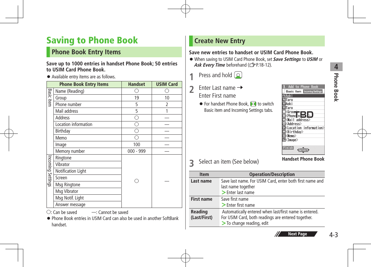 Phone Book44-3Next PageSaving to Phone BookPhone Book Entry ItemsSave up to 1000 entries in handset Phone Book; 50 entries to USIM Card Phone Book. ⿟ Available entry items are as follows.Phone Book Entry Items Handset USIM CardBasic itemName (Reading) ○ ○Group 19 10Phone number 5 2Mail address 5 1Address ○ —Location information ○ —Birthday ○ —Memo ○ —Image 100 —Memory number 000 - 999 —Incoming SettingsRingtone○ —VibratorNotification LightScreenMsg RingtoneMsg VibratorMsg Notif. LightAnswer message○: Can be saved  —: Cannot be saved ⿟ Phone Book entries in USIM Card can also be used in another SoftBank handset.Create New EntrySave new entries to handset or USIM Card Phone Book. ⿟ When saving to USIM Card Phone Book, set Save Settings to USIM or Ask Every Time beforehand (ZP.18-12).1  Press and hold 2  Enter Last name 7 Enter First name ⿟For handset Phone Book,   to switch Basic item and Incoming Settings tabs.3  Select an item (See below)Item Operation/DescriptionLast name Save last name. For USIM Card, enter both first name and last name together ＞Enter last nameFirst name Save first name ＞Enter first nameReading(Last/First) Automatically entered when last/first name is entered. For USIM Card, both readings are entered together. ＞To change reading, editHandset Phone Book