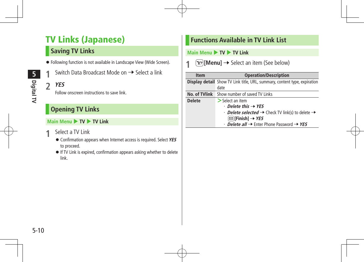 Digital TV5-105TV Links (Japanese)Saving TV Links ⿟Following function is not available in Landscape View (Wide Screen).1  Switch Data Broadcast Mode on 7 Select a link2 YESFollow onscreen instructions to save link.Opening TV LinksMain Menu 4 TV 4 TV Link1  Select a TV Link ⿟Confirmation appears when Internet access is required. Select YES to proceed. ⿟If TV Link is expired, confirmation appears asking whether to delete link.Functions Available in TV Link ListMain Menu 4 TV 4 TV Link1 S[Menu] 7 Select an item (See below)Item Operation/DescriptionDisplay detail Show TV Link title, URL, summary, content type, expiration dateNo. of TVlink Show number of saved TV LinksDelete  ＞Select an item・ Delete this 7 YES・ Delete selected 7 Check TV link(s) to delete 7 A[Finish] 7 YES・ Delete all 7 Enter Phone Password 7 YES