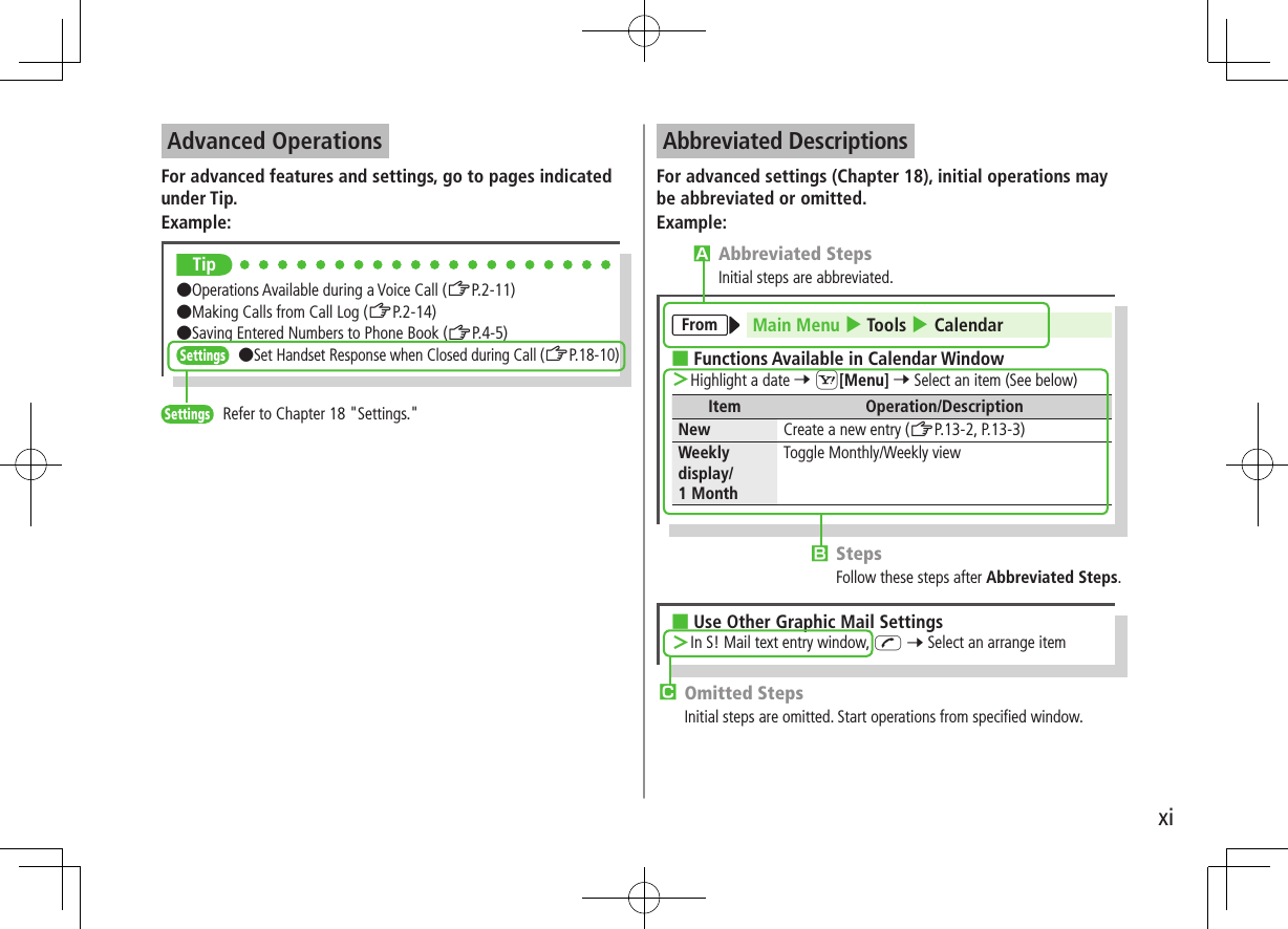 xiAdvanced OperationsFor advanced features and settings, go to pages indicated under Tip.Example:Tip●Operations Available during a Voice Call (ZP.2-11) ●Making Calls from Call Log (ZP.2-14) ●Saving Entered Numbers to Phone Book (ZP.4-5) Settings   ●Set Handset Response when Closed during Call (ZP.18-10)Settings   Refer to Chapter 18 &quot;Settings.&quot;Abbreviated DescriptionsFor advanced settings (Chapter 18), initial operations may be abbreviated or omitted.Example:COmitted StepsInitial steps are omitted. Start operations from specified window. ■Use Other Graphic Mail Settings ＞In S! Mail text entry window, J 7 Select an arrange itemBStepsFollow these steps after Abbreviated Steps.AAbbreviated StepsInitial steps are abbreviated.From Main Menu 4 Tools 4 Calendar ■Functions Available in Calendar Window ＞Highlight a date 7 S[Menu] 7 Select an item (See below)Item Operation/DescriptionNew Create a new entry (ZP.13-2, P.13-3)Weekly display/ 1 MonthToggle Monthly/Weekly view