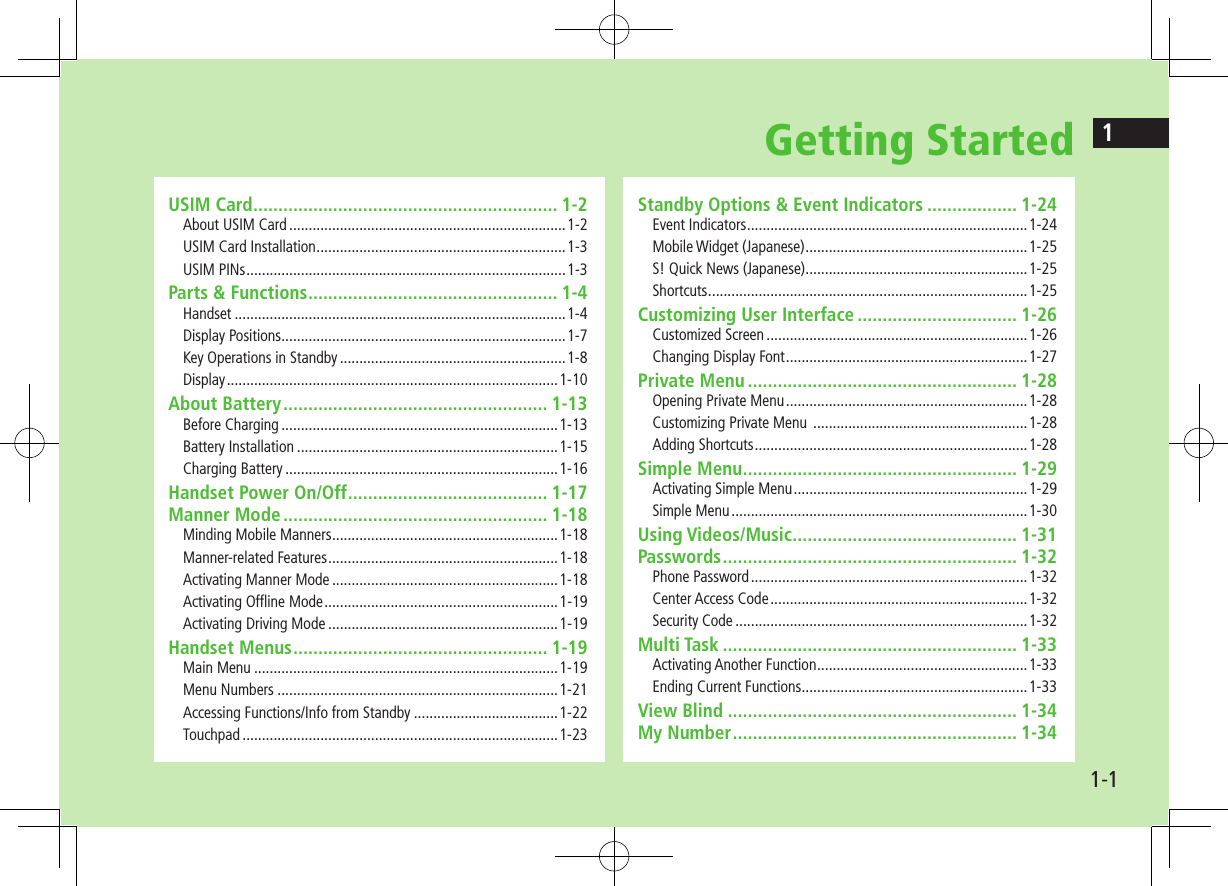 11-1Getting StartedUSIM Card ............................................................. 1-2About USIM Card .......................................................................1-2USIM Card Installation ................................................................1-3USIM PINs ..................................................................................1-3Parts &amp; Functions .................................................. 1-4Handset .....................................................................................1-4Display Positions .........................................................................1-7Key Operations in Standby ..........................................................1-8Display .....................................................................................1-10About Battery ..................................................... 1-13Before Charging .......................................................................1-13Battery Installation ...................................................................1-15Charging Battery ......................................................................1-16Handset Power On/Off ........................................ 1-17Manner Mode ..................................................... 1-18Minding Mobile Manners ..........................................................1-18Manner-related Features ...........................................................1-18Activating Manner Mode ..........................................................1-18Activating Offline Mode ............................................................1-19Activating Driving Mode ...........................................................1-19Handset Menus ................................................... 1-19Main Menu ..............................................................................1-19Menu Numbers ........................................................................1-21Accessing Functions/Info from Standby .....................................1-22Touchpad .................................................................................1-23Standby Options &amp; Event Indicators .................. 1-24Event Indicators ........................................................................1-24Mobile Widget (Japanese) .........................................................1-25S! Quick News (Japanese) .........................................................1-25Shortcuts ..................................................................................1-25Customizing User Interface ................................ 1-26Customized Screen ...................................................................1-26Changing Display Font ..............................................................1-27Private Menu ...................................................... 1-28Opening Private Menu ..............................................................1-28Customizing Private Menu  .......................................................1-28Adding Shortcuts ......................................................................1-28Simple Menu ....................................................... 1-29Activating Simple Menu ............................................................1-29Simple Menu ............................................................................1-30Using Videos/Music ............................................. 1-31Passwords ........................................................... 1-32Phone Password .......................................................................1-32Center Access Code ..................................................................1-32Security Code ...........................................................................1-32Multi Task ........................................................... 1-33Activating Another Function ......................................................1-33Ending Current Functions ..........................................................1-33View Blind .......................................................... 1-34My Number ......................................................... 1-34