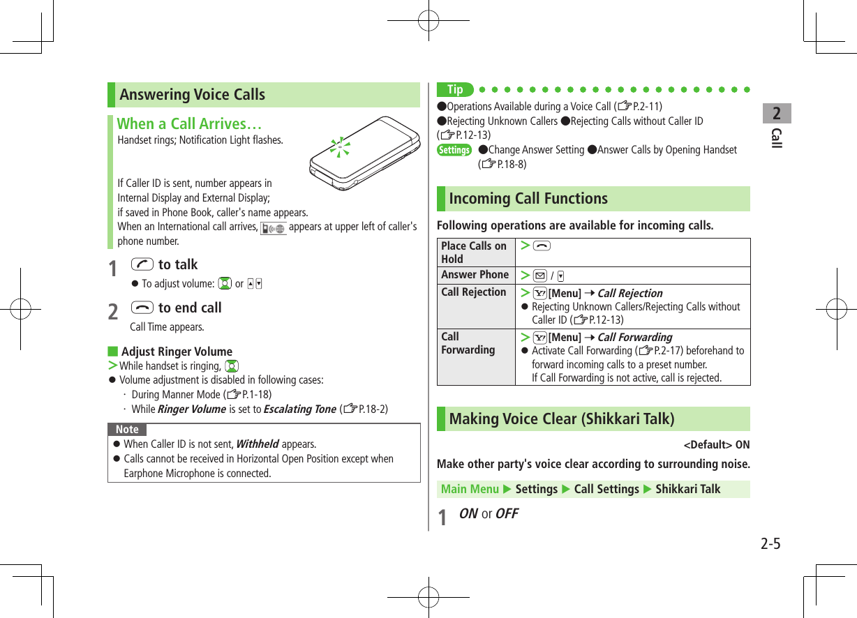 Call22-5Answering Voice CallsWhen a Call Arrives…Handset rings; Notification Light flashes.If Caller ID is sent, number appears in  Internal Display and External Display;  if saved in Phone Book, caller&apos;s name appears.When an International call arrives,   appears at upper left of caller&apos;s phone number.1 J to talk ⿟To adjust volume:   or 2 L to end callCall Time appears. ■Adjust Ringer Volume ＞While handset is ringing,  ⿟Volume adjustment is disabled in following cases:・ During Manner Mode (ZP.1-18)・ While Ringer Volume is set to Escalating Tone (ZP.18-2)Note ⿟When Caller ID is not sent, Withheld appears. ⿟Calls cannot be received in Horizontal Open Position except when Earphone Microphone is connected.Tip●Operations Available during a Voice Call (ZP.2-11)●Rejecting Unknown Callers ●Rejecting Calls without Caller ID (ZP.12-13)Settings   ●Change Answer Setting ●Answer Calls by Opening Handset (ZP.18-8)Incoming Call FunctionsFollowing operations are available for incoming calls.Place Calls on Hold ＞LAnswer Phone  ＞A / Call Rejection  ＞S[Menu] 7 Call Rejection ⿟Rejecting Unknown Callers/Rejecting Calls without Caller ID (ZP.12-13)Call Forwarding ＞S[Menu] 7 Call Forwarding ⿟Activate Call Forwarding (ZP.2-17) beforehand to forward incoming calls to a preset number.  If Call Forwarding is not active, call is rejected.Making Voice Clear (Shikkari Talk)&lt;Default&gt; ONMake other party&apos;s voice clear according to surrounding noise.Main Menu  Settings  Call Settings  Shikkari Talk1 ON or OFF