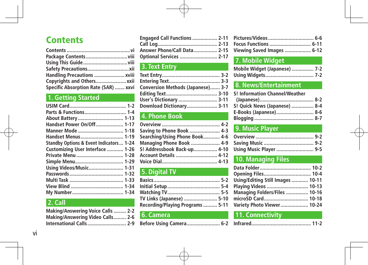 viContents ..............................................viPackage Contents ..............................viiiUsing This Guide ................................viiiSafety Precautions ..............................xiiHandling Precautions ...................... xviiiCopyrights and Others...................... xxiiSpeciﬁc Absorption Rate (SAR) ....... xxvi1. Getting StartedUSIM Card ......................................... 1-2Parts &amp; Functions .............................. 1-4About Battery ................................. 1-13Handset Power On/Off .................... 1-17Manner Mode ................................. 1-18Handset Menus ............................... 1-19Standby Options &amp; Event Indicators ... 1-24Customizing User Interface ............ 1-26Private Menu .................................. 1-28Simple Menu ................................... 1-29Using Videos/Music ......................... 1-31Passwords ....................................... 1-32Multi Task ....................................... 1-33View Blind ...................................... 1-34My Number ..................................... 1-342. CallMaking/Answering Voice Calls ......... 2-2Making/Answering Video Calls ......... 2-6International Calls ............................ 2-9Engaged Call Functions .................. 2-11Call Log ........................................... 2-13Answer Phone/Call Data ................. 2-15Optional Services ........................... 2-173. Text EntryText Entry .......................................... 3-2Entering Text ..................................... 3-3Conversion Methods (Japanese) ....... 3-7Editing Text ..................................... 3-10User&apos;s Dictionary ............................ 3-11Download Dictionary ...................... 3-114. Phone BookOverview .......................................... 4-2Saving to Phone Book ...................... 4-3Searching/Using Phone Book ............ 4-6Managing Phone Book ..................... 4-9S! Addressbook Back-up................. 4-10Account Details .............................. 4-12Voice Dial ........................................ 4-135. Digital TVBasics ................................................ 5-2Initial Setup ...................................... 5-4Watching TV ...................................... 5-5TV Links (Japanese) ........................ 5-10Recording/Playing Programs .......... 5-116. CameraBefore Using Camera ........................ 6-2Pictures/Videos ................................. 6-6Focus Functions .............................. 6-11Viewing Saved Images ................... 6-127. Mobile WidgetMobile Widget (Japanese) ................ 7-2Using Widgets ................................... 7-28. News/EntertainmentS! Information Channel/Weather (Japanese) ....................................... 8-2S! Quick News (Japanese) ................ 8-4E-Books (Japanese) ........................... 8-6Blogging ........................................... 8-79. Music PlayerOverview .......................................... 9-2Saving Music .................................... 9-2Using Music Player ........................... 9-510. Managing FilesData Folder ..................................... 10-2Opening Files .................................. 10-4Using/Editing Still Images ............ 10-11Playing Videos .............................. 10-13Managing Folders/Files ................ 10-16microSD Card ................................ 10-18Variety Photo Viewer .................... 10-2411. ConnectivityInfrared ........................................... 11-2Contents