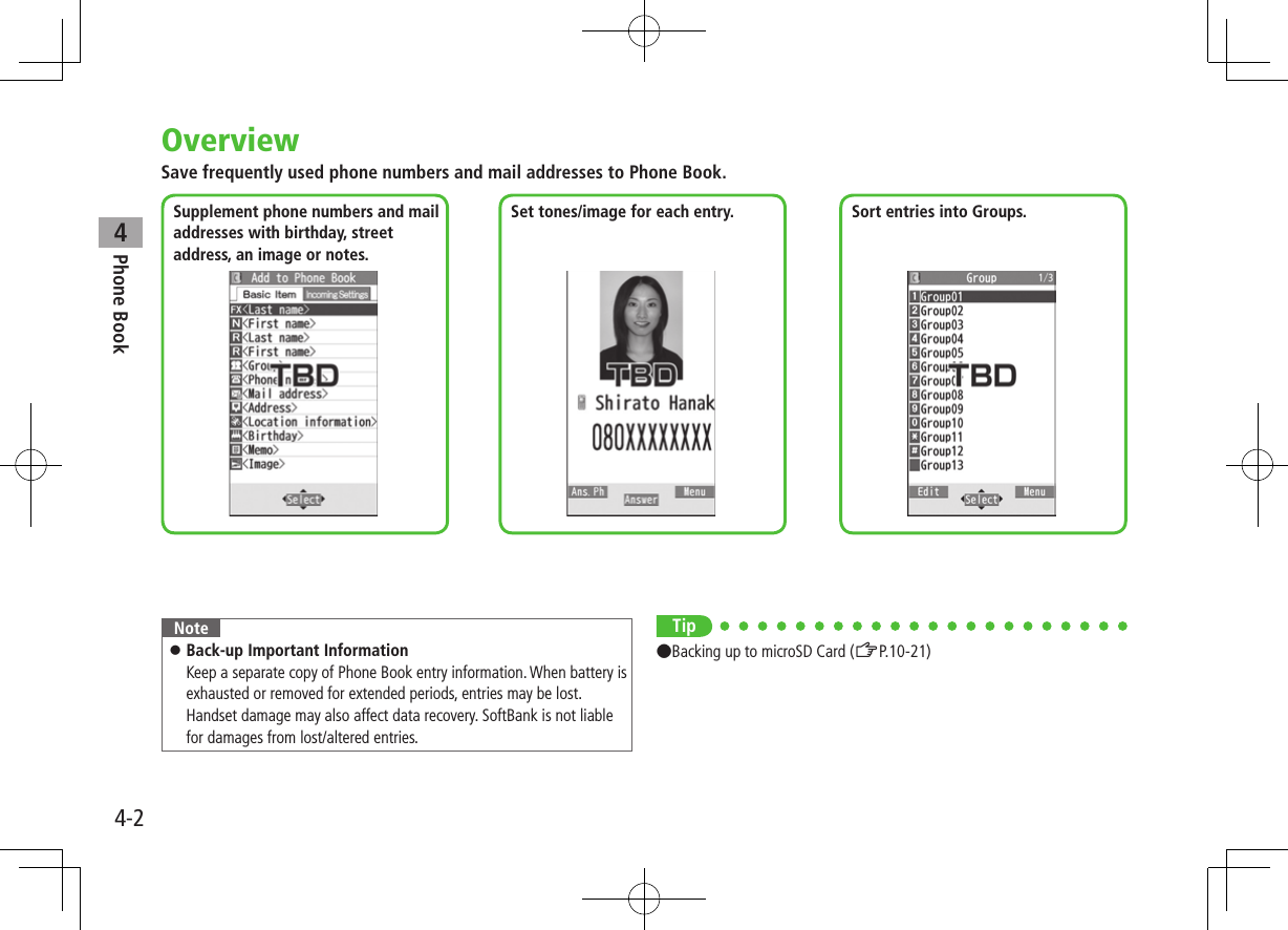 4-2Phone Book4OverviewSave frequently used phone numbers and mail addresses to Phone Book.Note ⿟Back-up Important InformationKeep a separate copy of Phone Book entry information. When battery is exhausted or removed for extended periods, entries may be lost. Handset damage may also affect data recovery. SoftBank is not liable for damages from lost/altered entries.Supplement phone numbers and mail  addresses with birthday, street address, an image or notes.Set tones/image for each entry. Sort entries into Groups.Tip●Backing up to microSD Card (ZP.10-21)