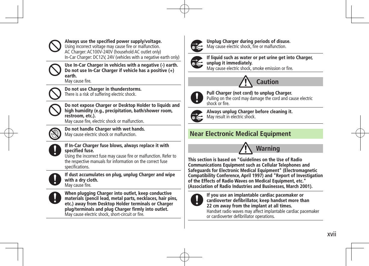 xviiAlways use the specified power supply/voltage.Using incorrect voltage may cause fire or malfunction.AC Charger: AC100V-240V (household AC outlet only) In-Car Charger: DC12V, 24V (vehicles with a negative earth only)Use In-Car Charger in vehicles with a negative (-) earth.Do not use In-Car Charger if vehicle has a positive (+) earth.May cause fire.Do not use Charger in thunderstorms.There is a risk of suffering electric shock.Do not expose Charger or Desktop Holder to liquids and high humidity (e.g., precipitation, bath/shower room, restroom, etc.).May cause fire, electric shock or malfunction.Do not handle Charger with wet hands.May cause electric shock or malfunction.If In-Car Charger fuse blows, always replace it with specified fuse.Using the incorrect fuse may cause fire or malfunction. Refer to the respective manuals for information on the correct fuse specifications.If dust accumulates on plug, unplug Charger and wipe with a dry cloth.May cause fire.When plugging Charger into outlet, keep conductive materials (pencil lead, metal parts, necklaces, hair pins, etc.) away from Desktop Holder terminals or Charger plug/terminals and plug Charger firmly into outlet.May cause electric shock, short-circuit or fire.Unplug Charger during periods of disuse.May cause electric shock, fire or malfunction.If liquid such as water or pet urine get into Charger, unplug it immediately.May cause electric shock, smoke emission or fire.CautionPull Charger (not cord) to unplug Charger.Pulling on the cord may damage the cord and cause electric shock or fire.Always unplug Charger before cleaning it.May result in electric shock.Near Electronic Medical EquipmentWarningThis section is based on &quot;Guidelines on the Use of Radio Communications Equipment such as Cellular Telephones and Safeguards for Electronic Medical Equipment&quot; (Electromagnetic Compatibility Conference, April 1997) and &quot;Report of Investigation of the Effects of Radio Waves on Medical Equipment, etc.&quot; (Association of Radio Industries and Businesses, March 2001).If you use an implantable cardiac pacemaker or cardioverter defibrillator, keep handset more than  22 cm away from the implant at all times.Handset radio waves may affect implantable cardiac pacemaker or cardioverter defibrillator operations.