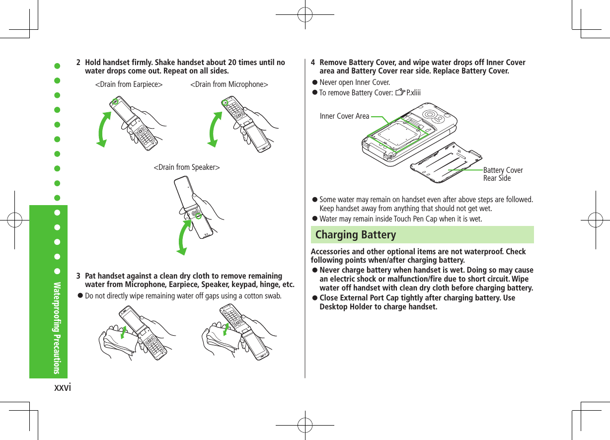 xxviWaterproofing Precautions2  Hold handset firmly. Shake handset about 20 times until no water drops come out. Repeat on all sides.3  Pat handset against a clean dry cloth to remove remaining water from Microphone, Earpiece, Speaker, keypad, hinge, etc. ⿟Do not directly wipe remaining water off gaps using a cotton swab.&lt;Drain from Earpiece&gt; &lt;Drain from Microphone&gt;&lt;Drain from Speaker&gt;4  Remove Battery Cover, and wipe water drops off Inner Cover area and Battery Cover rear side. Replace Battery Cover. ⿟Never open Inner Cover. ⿟To remove Battery Cover: ZP.xliii ⿟Some water may remain on handset even after above steps are followed. Keep handset away from anything that should not get wet. ⿟Water may remain inside Touch Pen Cap when it is wet.Charging BatteryAccessories and other optional items are not waterproof. Check following points when/after charging battery. ⿟Never charge battery when handset is wet. Doing so may cause an electric shock or malfunction/fire due to short circuit. Wipe water off handset with clean dry cloth before charging battery. ⿟Close External Port Cap tightly after charging battery. Use Desktop Holder to charge handset.Inner Cover AreaBattery Cover Rear Side