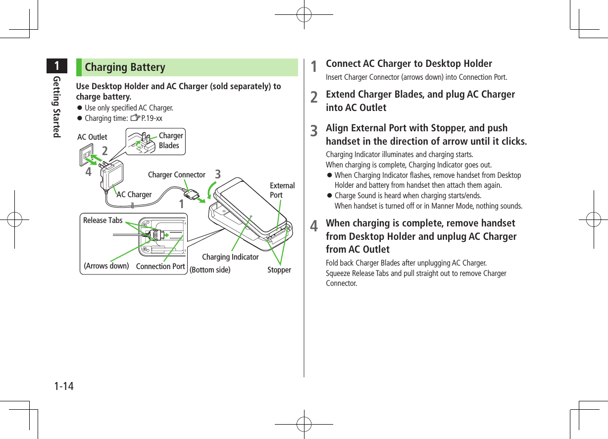 1Getting Started1-14Charging BatteryUse Desktop Holder and AC Charger (sold separately) to charge battery. ⿟Use only specified AC Charger.  ⿟Charging time: ZP.19-xx3241StopperCharging IndicatorExternal Port(Bottom side)Connection Port(Arrows down)Release TabsCharger ConnectorAC ChargerCharger BladesAC Outlet1 Connect AC Charger to Desktop HolderInsert Charger Connector (arrows down) into Connection Port.2 Extend Charger Blades, and plug AC Charger into AC Outlet3 Align External Port with Stopper, and push handset in the direction of arrow until it clicks.Charging Indicator illuminates and charging starts.When charging is complete, Charging Indicator goes out. ⿟When Charging Indicator flashes, remove handset from Desktop Holder and battery from handset then attach them again. ⿟Charge Sound is heard when charging starts/ends. When handset is turned off or in Manner Mode, nothing sounds.4 When charging is complete, remove handset from Desktop Holder and unplug AC Charger from AC OutletFold back Charger Blades after unplugging AC Charger.Squeeze Release Tabs and pull straight out to remove Charger Connector.