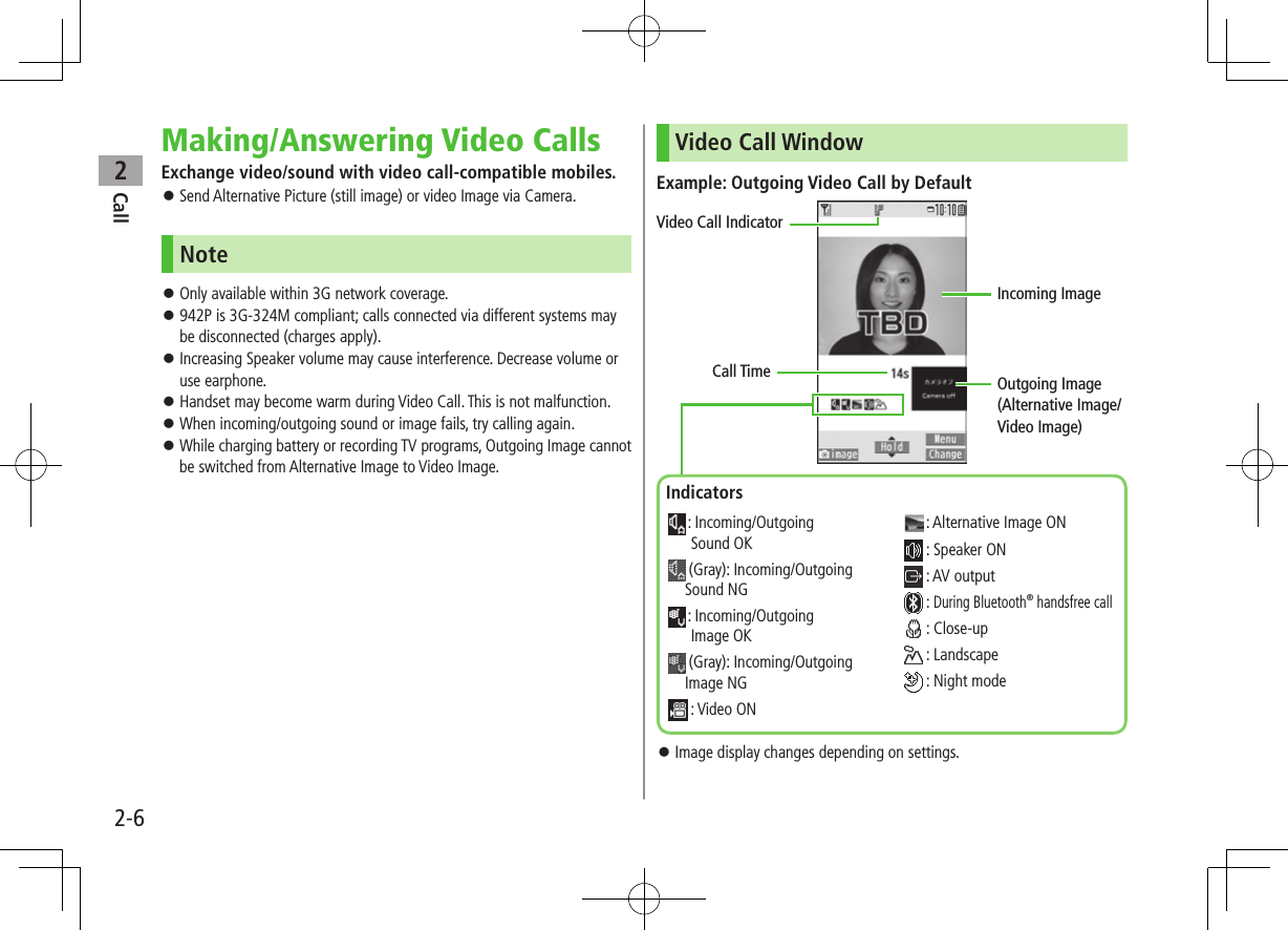 Call22-6Making/Answering Video CallsExchange video/sound with video call-compatible mobiles. ⿟Send Alternative Picture (still image) or video Image via Camera.Note ⿟Only available within 3G network coverage. ⿟942P is 3G-324M compliant; calls connected via different systems may be disconnected (charges apply). ⿟Increasing Speaker volume may cause interference. Decrease volume or use earphone. ⿟Handset may become warm during Video Call. This is not malfunction. ⿟When incoming/outgoing sound or image fails, try calling again. ⿟While charging battery or recording TV programs, Outgoing Image cannot be switched from Alternative Image to Video Image.Video Call WindowExample: Outgoing Video Call by Default ⿟Image display changes depending on settings.Call TimeVideo Call IndicatorIncoming ImageOutgoing Image (Alternative Image/Video Image)Indicators :  Incoming/Outgoing Sound OK  (Gray): Incoming/Outgoing Sound NG :  Incoming/Outgoing Image OK  (Gray): Incoming/Outgoing Image NG : Video ON : Alternative Image ON : Speaker ON : AV output : During Bluetooth® handsfree call : Close-up : Landscape : Night mode