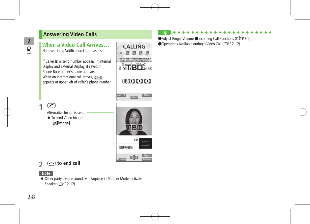 Call22-8Answering Video CallsWhen a Video Call Arrives…Handset rings; Notification Light flashes.If Caller ID is sent, number appears in Internal Display and External Display; if saved in Phone Book, caller&apos;s name appears.When an International call arrives,   appears at upper left of caller&apos;s phone number.1 JAlternative Image is sent. ⿟To send Video Image:  [image]2 L to end callNote ⿟Other party&apos;s voice sounds via Earpiece in Manner Mode; activate Speaker (ZP.2-12).Tip●Adjust Ringer Volume ●Incoming Call Functions (ZP.2-5)●Operations Available during a Video Call (ZP.2-12).