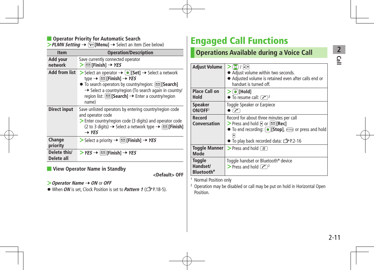 Call22-11 ■Operator Priority for Automatic Search ＞PLMN Setting 7 S[Menu] 7 Select an item (See below)Item Operation/DescriptionAdd your networkSave currently connected operator ＞A[Finish] 7 YESAdd from list  ＞Select an operator 7 [Set] 7 Select a network type 7 A[Finish] 7 YES ⿟To search operators by country/region: A[Search] 7 Select a country/region (To search again in country/region list: A[Search] 7 Enter a country/region name)Direct input Save unlisted operators by entering country/region code and operator code ＞Enter country/region code (3 digits) and operator code (2 to 3 digits) 7 Select a network type 7 A[Finish] 7 YESChange priority ＞Select a priority 7 A[Finish] 7 YESDelete this/Delete all ＞YES 7 A[Finish] 7 YES ■View Operator Name in Standby&lt;Default&gt; OFF ＞Operator Name 7 ON or OFF ⿟When ON is set, Clock Position is set to Pattern 1 (ZP.18-5).Engaged Call FunctionsOperations Available during a Voice CallAdjust Volume  ＞ /  ⿟Adjust volume within two seconds. ⿟Adjusted volume is retained even after calls end or handset is turned off.Place Call on Hold ＞[Hold] ⿟To resume call: J2Speaker ON/OFF1Toggle Speaker or Earpiece ⿟JRecord  ConversationRecord for about three minutes per call ＞Press and hold   or A[Rec] ⿟To end recording:  [Stop],   or press and hold  ⿟To play back recorded data: ZP.2-16Toggle Manner Mode ＞Press and hold HToggle Handset/Bluetooth®Toggle handset or Bluetooth® device ＞Press and hold J21  Normal Position only2   Operation may be disabled or call may be put on hold in Horizontal Open Position.