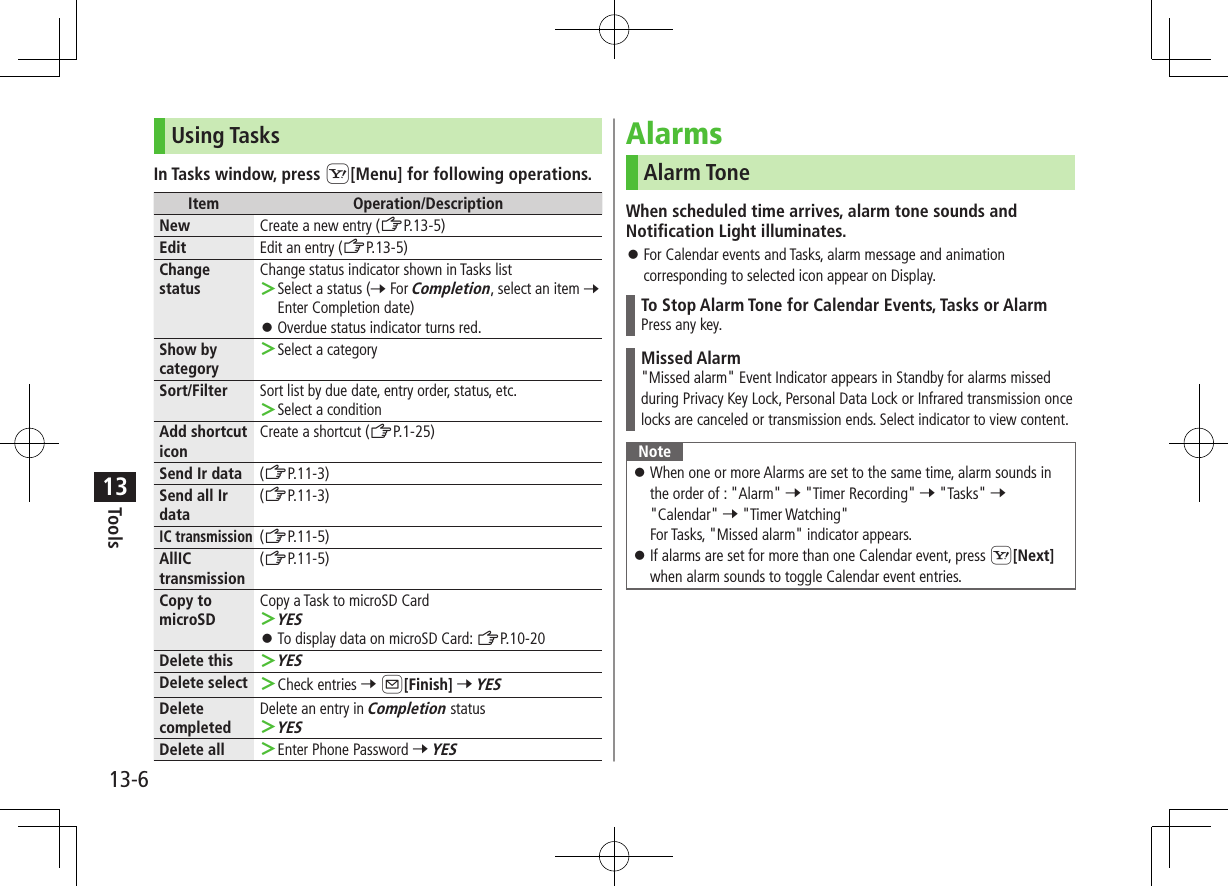 Tools13-613Using TasksIn Tasks window, press S[Menu] for following operations.Item Operation/DescriptionNew Create a new entry (ZP.13-5)Edit Edit an entry (ZP.13-5)Change statusChange status indicator shown in Tasks list ＞Select a status (7 For Completion, select an item 7 Enter Completion date) ⿟Overdue status indicator turns red.Show by category ＞Select a categorySort/Filter Sort list by due date, entry order, status, etc. ＞Select a conditionAdd shortcut iconCreate a shortcut (ZP.1-25)Send Ir data (ZP.11-3)Send all Ir data(ZP.11-3)IC transmission(ZP.11-5)AllIC transmission(ZP.11-5)Copy to microSDCopy a Task to microSD Card ＞YES ⿟To display data on microSD Card: ZP.10-20Delete this  ＞YESDelete select  ＞Check entries 7 A[Finish] 7 YESDelete completedDelete an entry in Completion status ＞YESDelete all  ＞Enter Phone Password 7 YESAlarmsAlarm ToneWhen scheduled time arrives, alarm tone sounds and Notification Light illuminates. ⿟For Calendar events and Tasks, alarm message and animation corresponding to selected icon appear on Display.To Stop Alarm Tone for Calendar Events, Tasks or AlarmPress any key.Missed Alarm&quot;Missed alarm&quot; Event Indicator appears in Standby for alarms missed during Privacy Key Lock, Personal Data Lock or Infrared transmission once locks are canceled or transmission ends. Select indicator to view content.Note ⿟When one or more Alarms are set to the same time, alarm sounds in the order of : &quot;Alarm&quot; 7 &quot;Timer Recording&quot; 7 &quot;Tasks&quot; 7 &quot;Calendar&quot; 7 &quot;Timer Watching&quot;For Tasks, &quot;Missed alarm&quot; indicator appears. ⿟If alarms are set for more than one Calendar event, press S[Next] when alarm sounds to toggle Calendar event entries. 